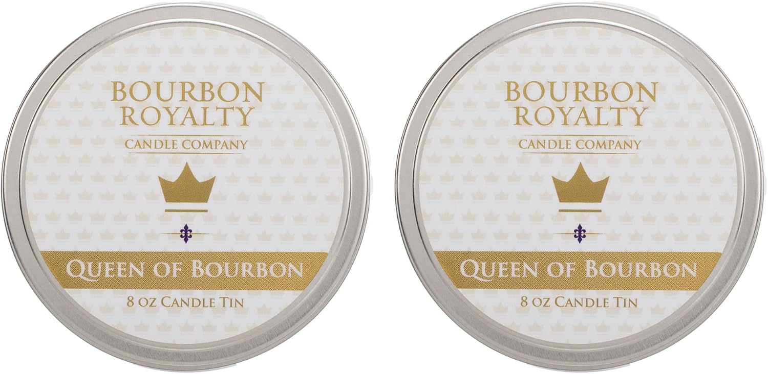 Round Silver Tone Medium 8 Ounce Silver Tin Scented Votive Jar Candle for Home, Office or Travel, Queen of Bourbon, 2 Pack