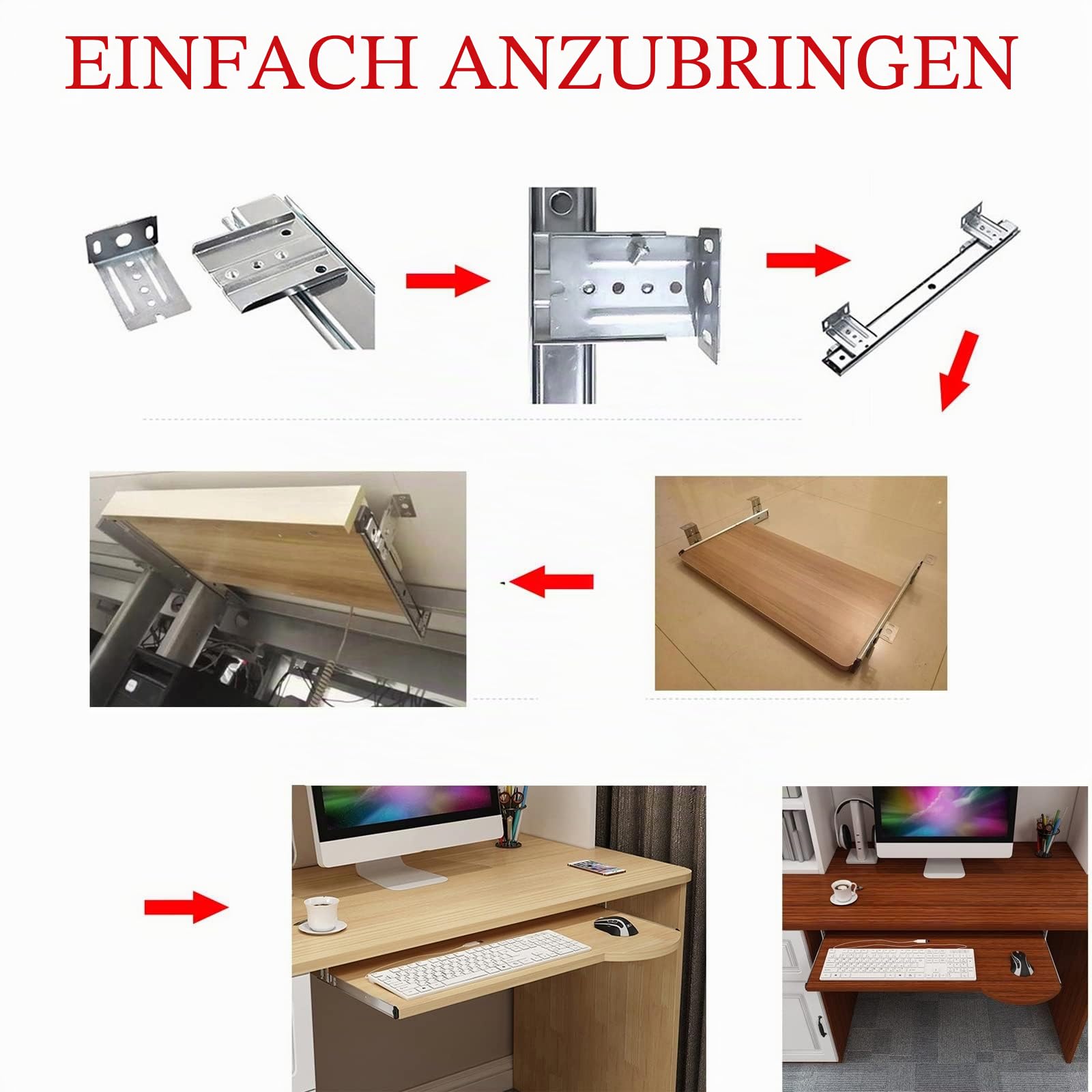 V3VOGUE Tastaturschublade Ausziehbar Tastaturhalterung Schreibtisch Tastaturauszug - Zur Montage Unter Dem Tisch, Höhenverstellbar, Holz Tastaturablage Mit Auszugschienen 24 Kg Belastung