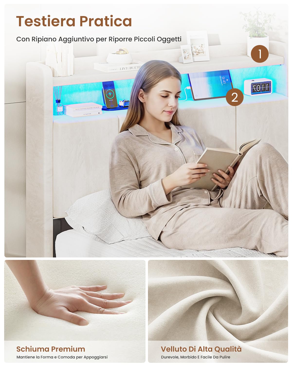AOGLLATI Letto Singolo con Contenitore 90x190, Letto Singolo Imbottito con Ampio Spazio di Stivaggio, Struttura Letto Contenitore con Luci LED Regolabili e Stazione di Ricarica, Velluto Beige