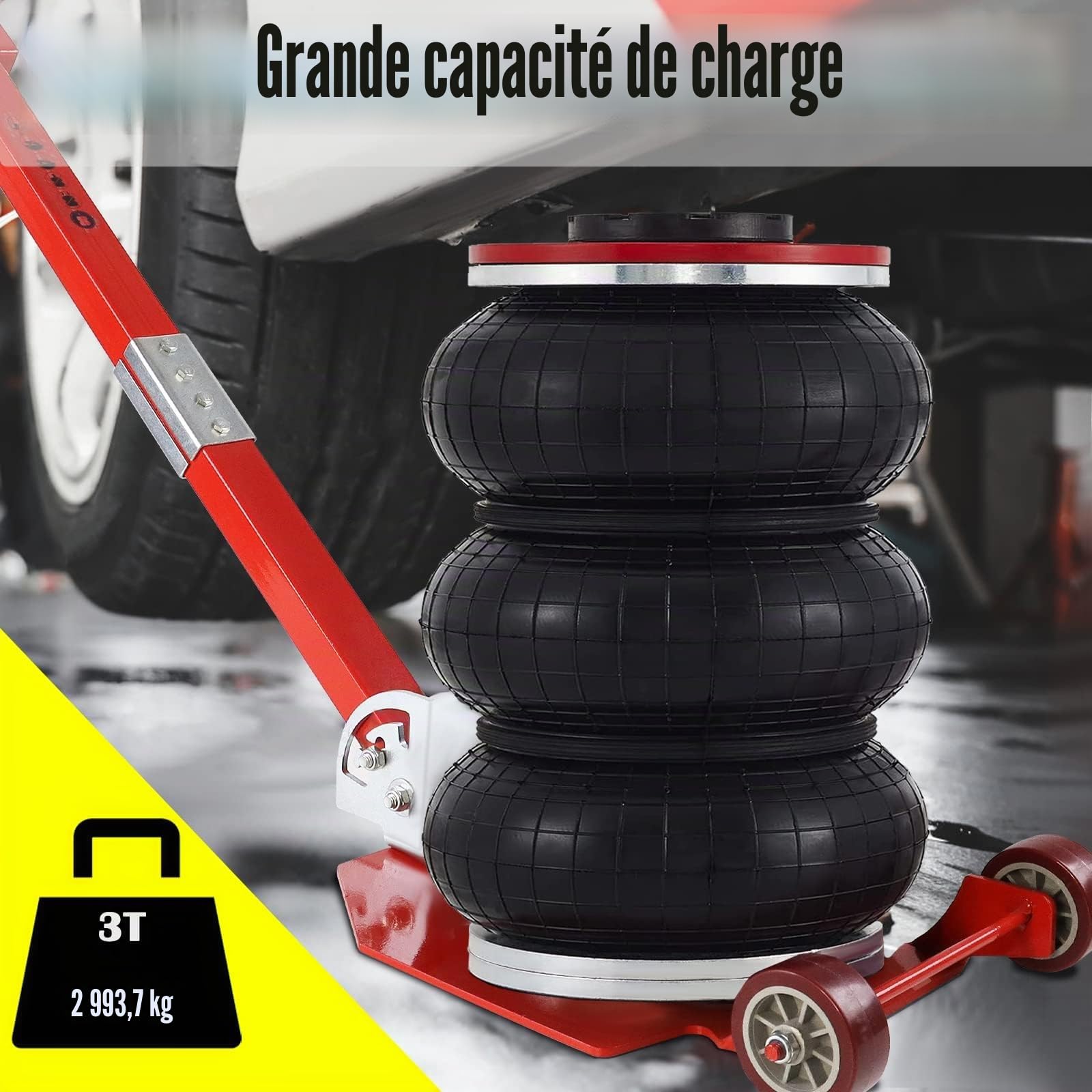 LILIIN Cric pneumatique 3T - Cric pour voiture - Hauteur de levage : 150–400 mm - Cric à air avec poignée, cric pour réparation, en rouge et noir