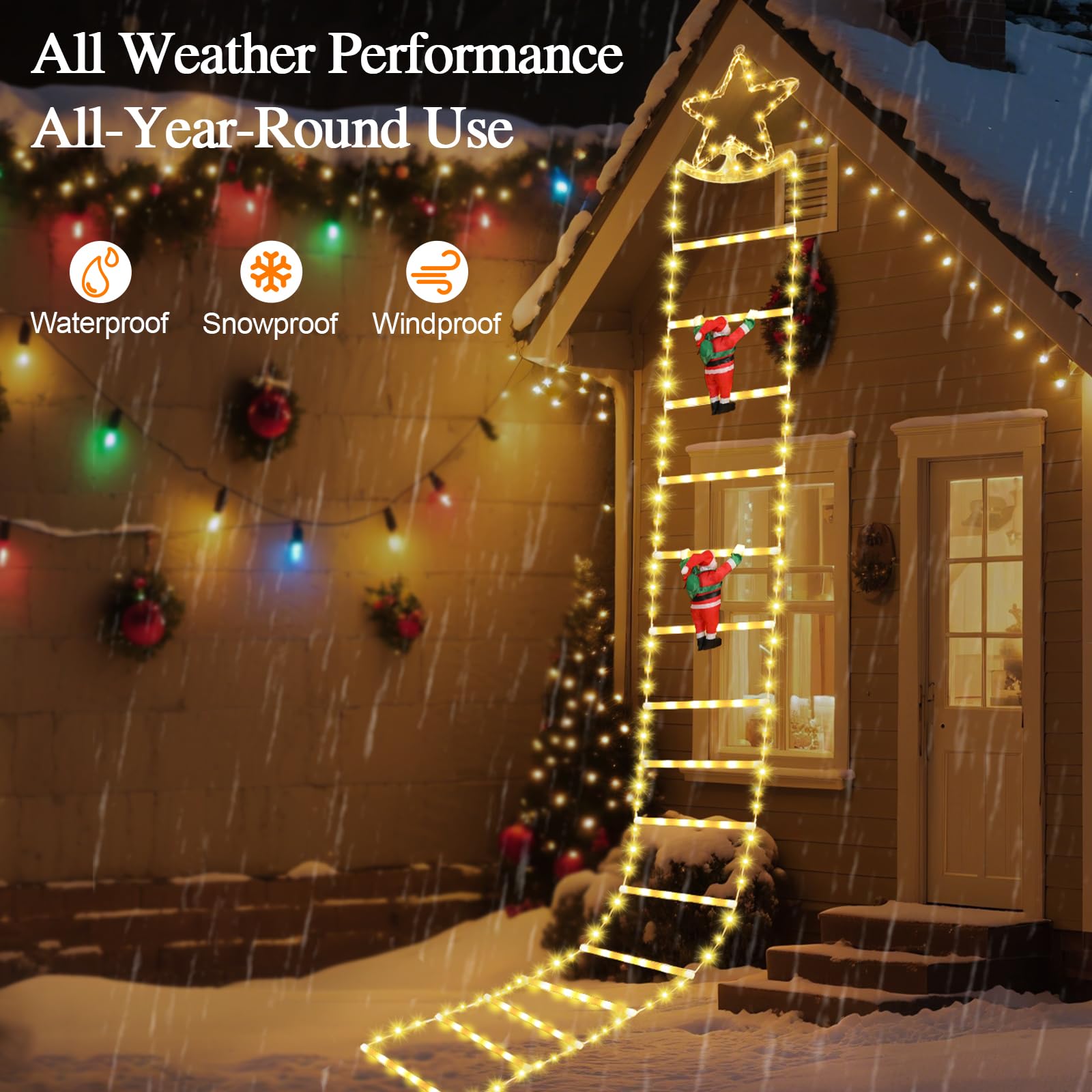 Lewondr Decoraciones Navideñas Luces LED en Escalera, 9,8ft Luz Decorativa Navideña con 2 Papá Noel, 8 Modos Control Remoto, 298 LED Luz para Árbol de Navidad Ventana Interior Exterior, Blanco Cálido