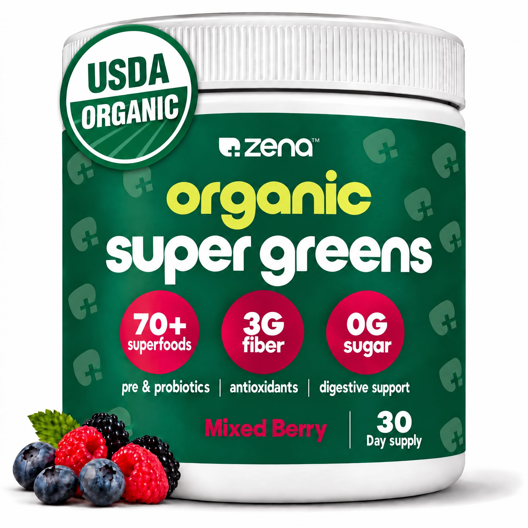 Zena Nutrition Organic Super Greens Powder, 70+ Superfoods, 0 Sugar, 3G Fiber, Spirulina, Chlorella, Antioxidants, Prebiotics/Probiotics, Digestive Enzymes, Mix