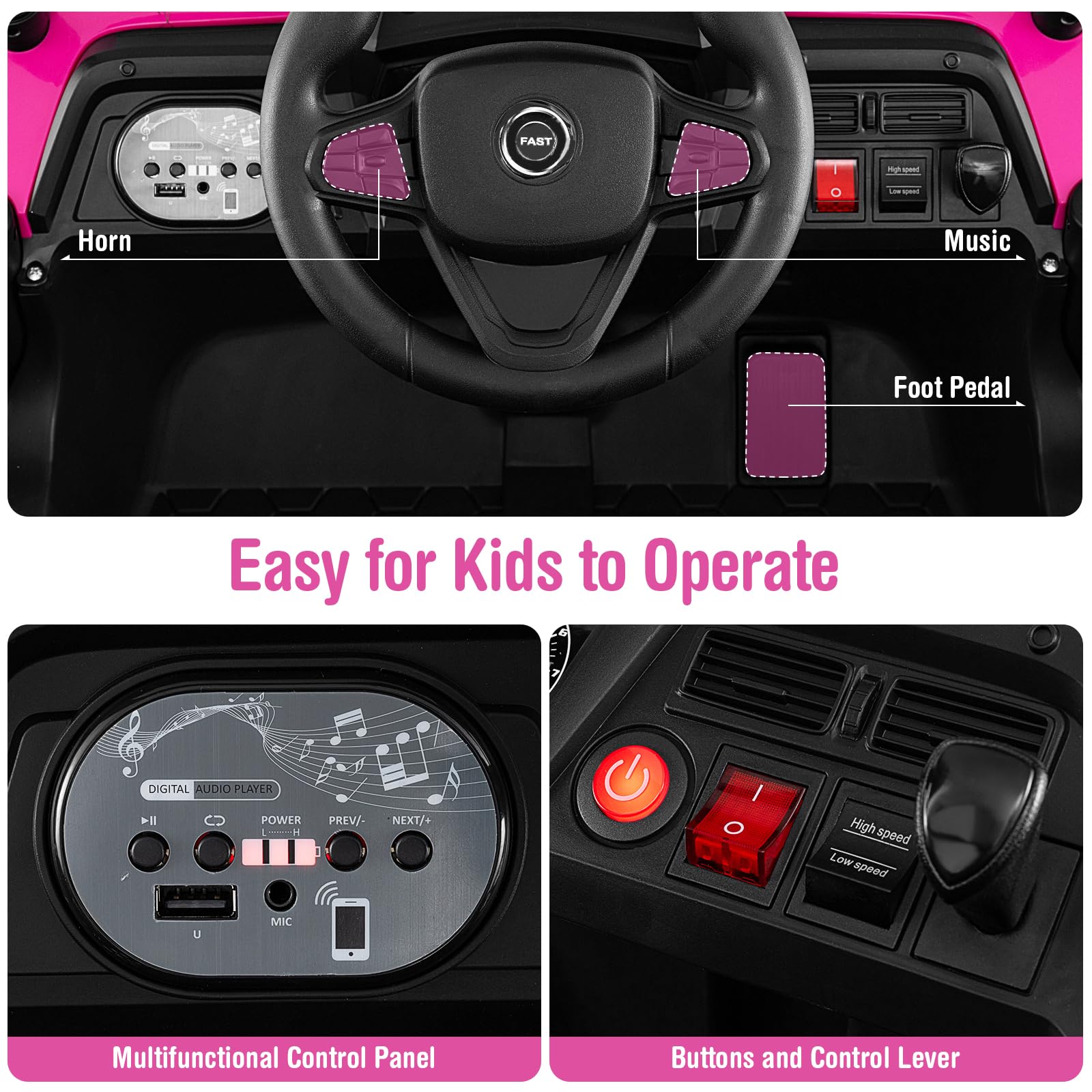 Costzon Kids UTV, 12V Battery Powered Electric Off-Road Car w/Remote Control, Sounds, Wireless Connection, 3 Speeds & 4-Wheel Suspension, Kids Ride on Truck, Gift for Boys & Girls 3+ Years Old (Pink)
