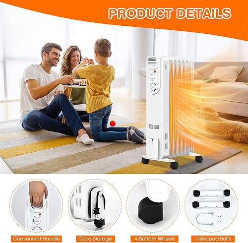 Miniatura 6 de S AFSTAR Calentador de aceite de 1500 W, calentador eléctrico portátil de ahorro de energía con termostato ajustable, 3 ajustes de calor, protección