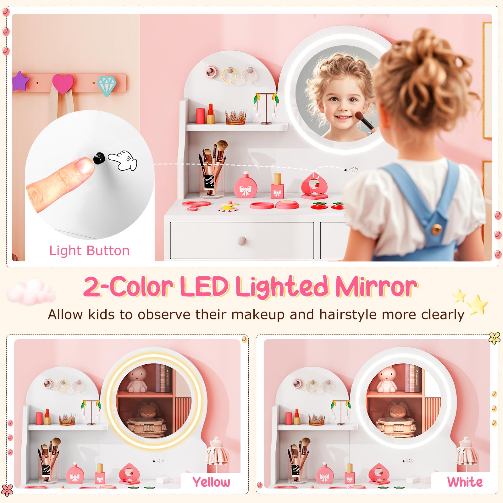 DREAMADE Schminktisch Kinder, Schminktisch aus Holz mit 2-Farbiger LED-Lichtern, Kinderschminktisch mit offener Ablage & 2 Schubladen & 3 Haken, Prinzessin Frisiertisch für Kinder ab 3 Jahren (Weiß)