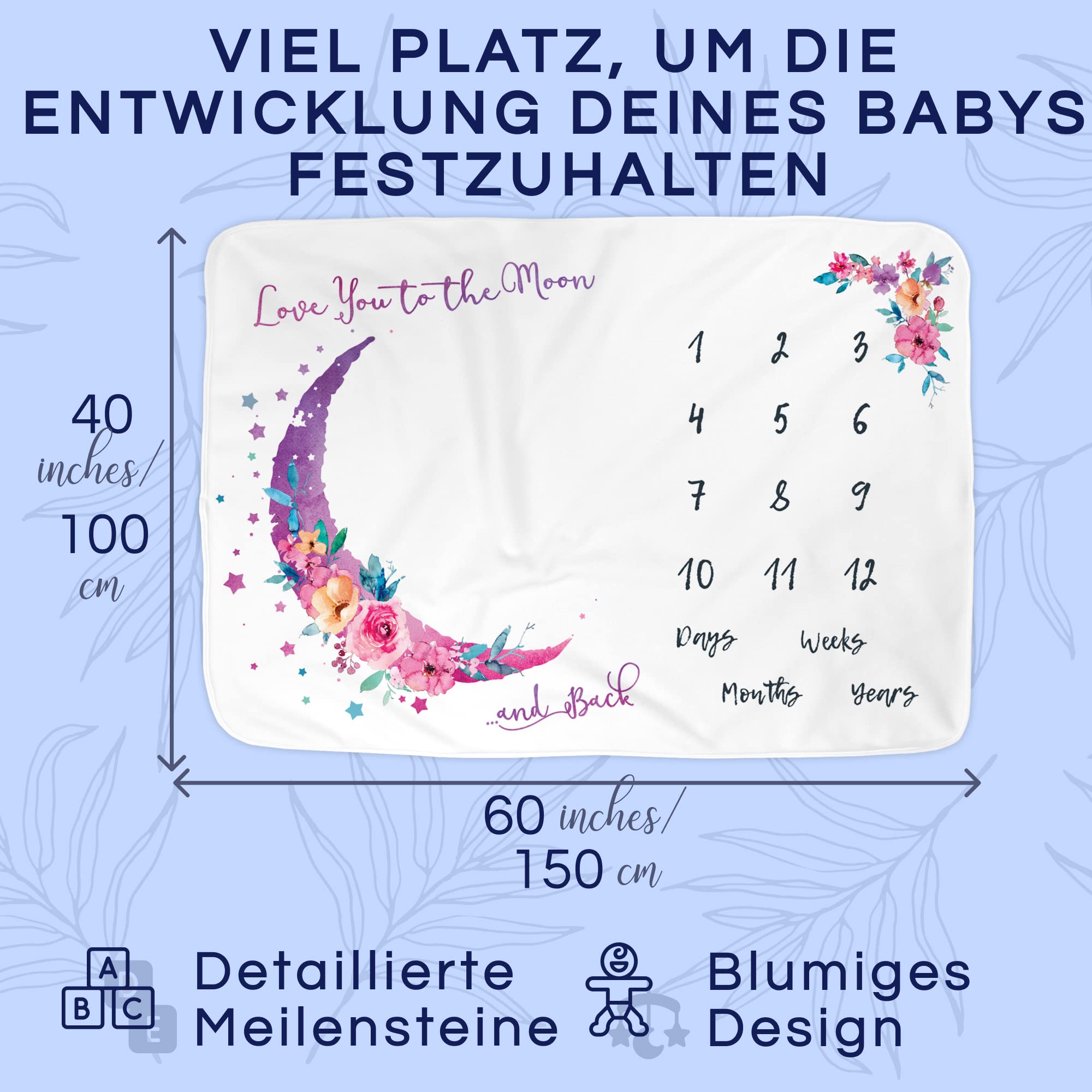 Luka&Lily Baby Meilenstein Decke 150 x 100 cm Rosa Mond Blumen Motto