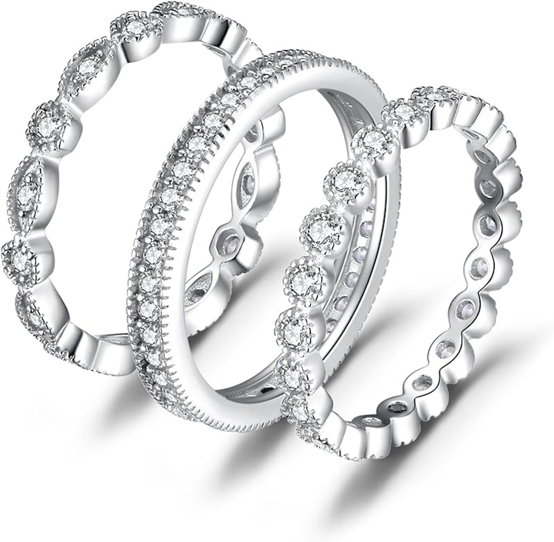 JewelryPalace Anillos de plata de ley 925 para mujer, alianzas de boda apilables | Chapado en oro de 14 quilates, promesa de circonita cúbica para ella, bandas de eternidad de diamantes de imitación CZ para mujer