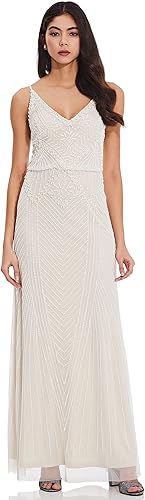 Adrianna Papell Women's Beaded Blouson Long Dress | Floor Length Sequin Gown wit