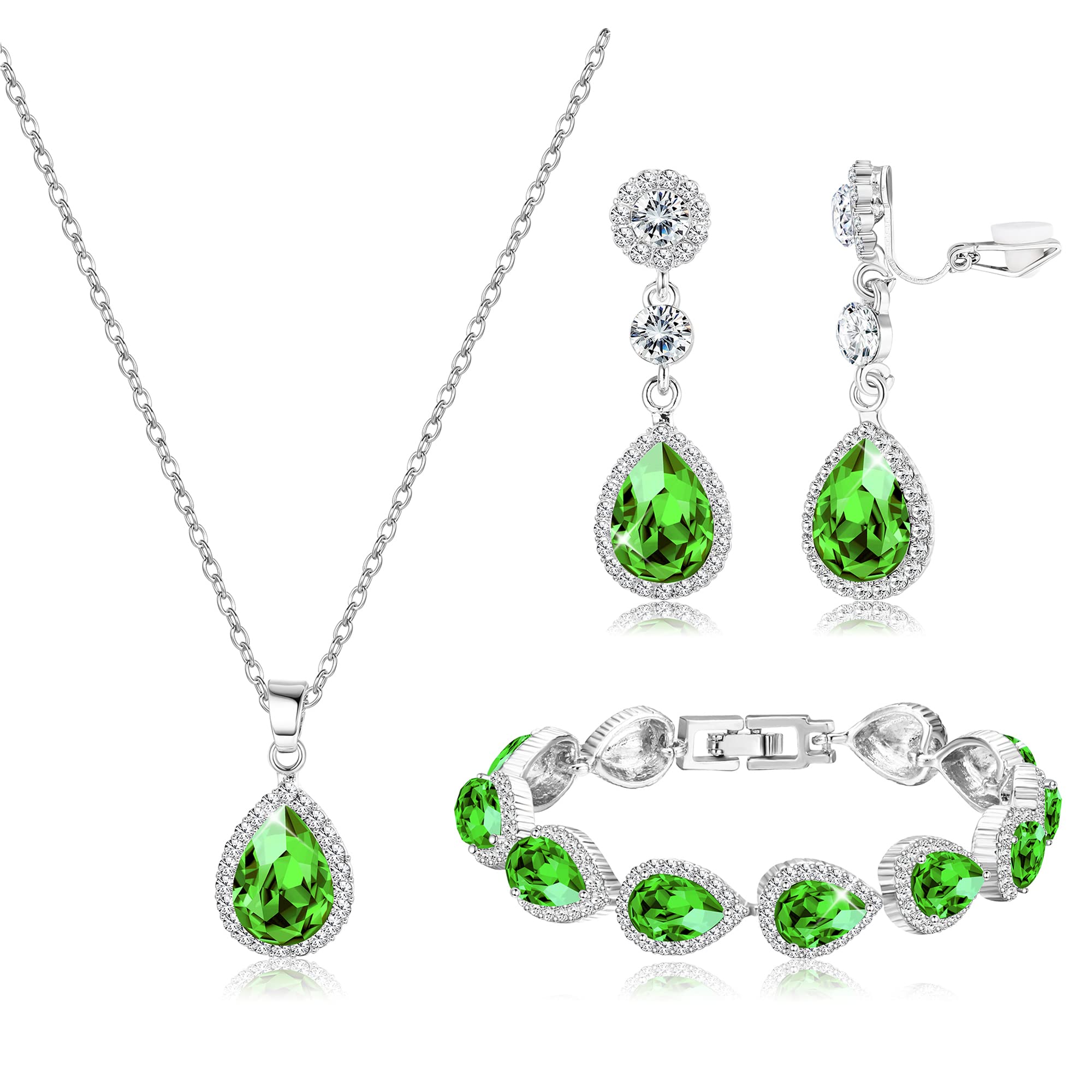 HAIAISOBridal Jewelry Set Wedding Crystal Necklace Bracelet Clip On Earrings Rhinestone Pendant Teardrop Dangle Clip On Earrings Prom Bridal Party Bridesmaid Jewelry Set for Women