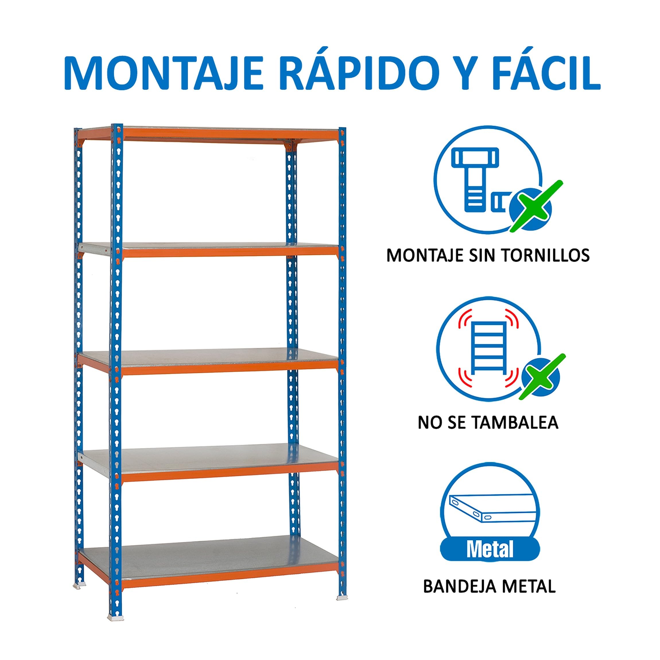 SimonRack Estantería Metálica Almacenaje, Sin tornillos, 5 Baldas, Alta Capacidad Carga 180 kg, 1800x800x300 mm, Estantería Garaje Trastero, Azul/Naranja/Galva