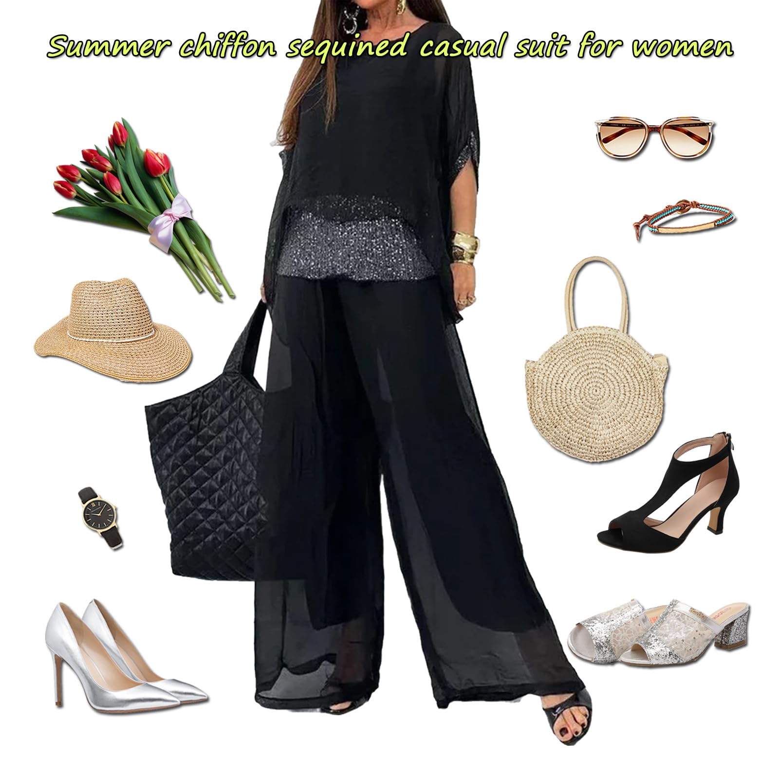 2024 Sommer-Chiffon-Pailletten, lässiger Anzug für Damen, elegante Chiffon-Hose mit weitem Bein, zweiteiliges Set, Hosenanzüge für Damen, Hochzeit