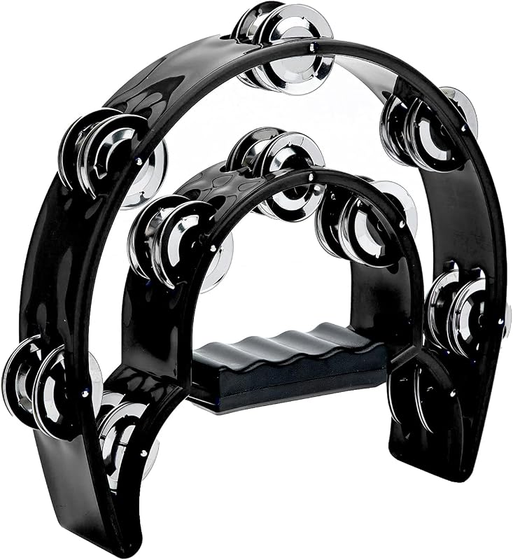 Half Moon Tambourine Musical Instrument for Adults Church Party | Double Row Metal Jingles Hand Percussion Music Educational Gift for Dance KTV Rhythm Practice, Black