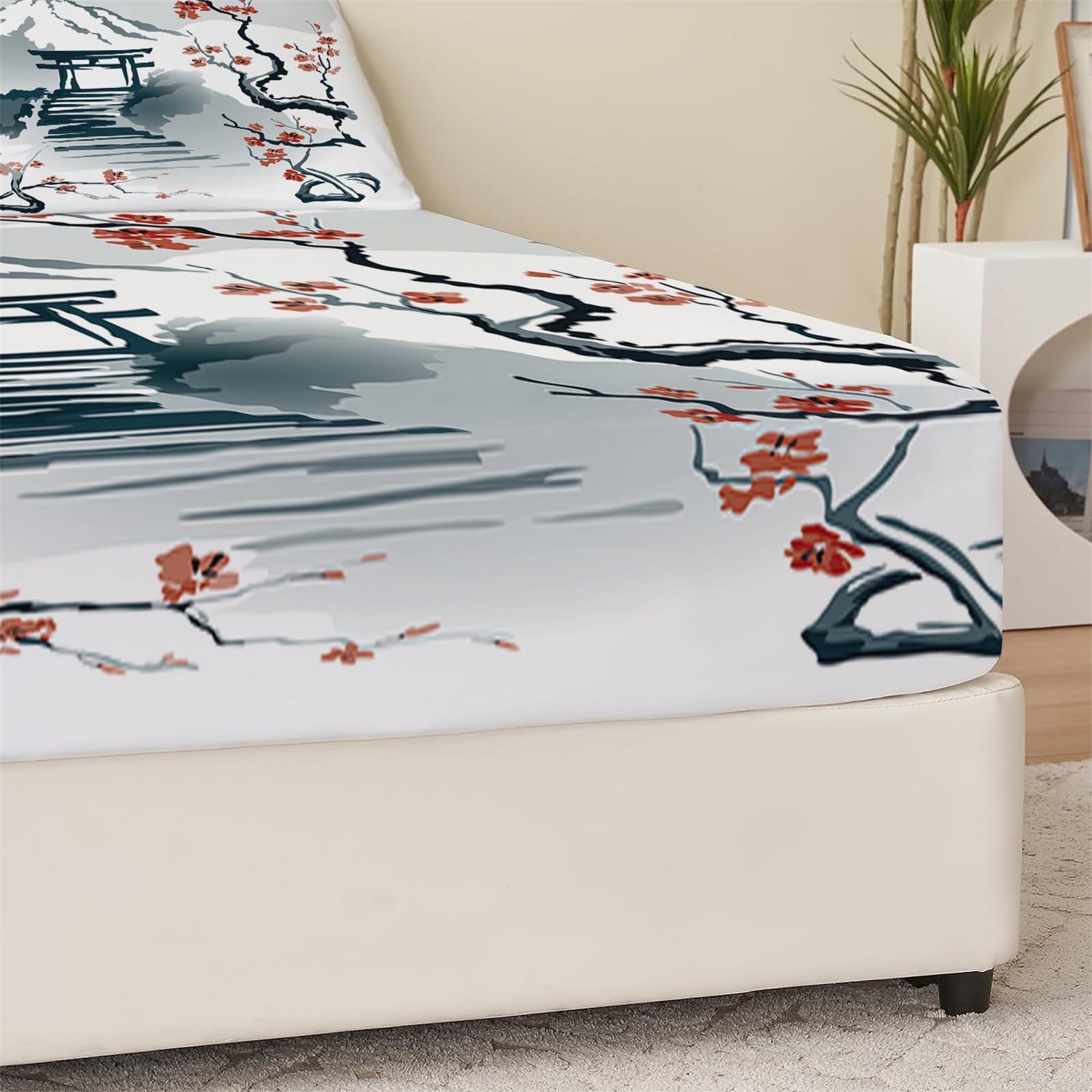 Parure de lit 4 pièces, style japonais, motif fleurs de cerisier fantastique, ciel nocturne, en microfibre brossée de qualité, drap plat, drap-housse et 2 taies d'oreiller, lit double