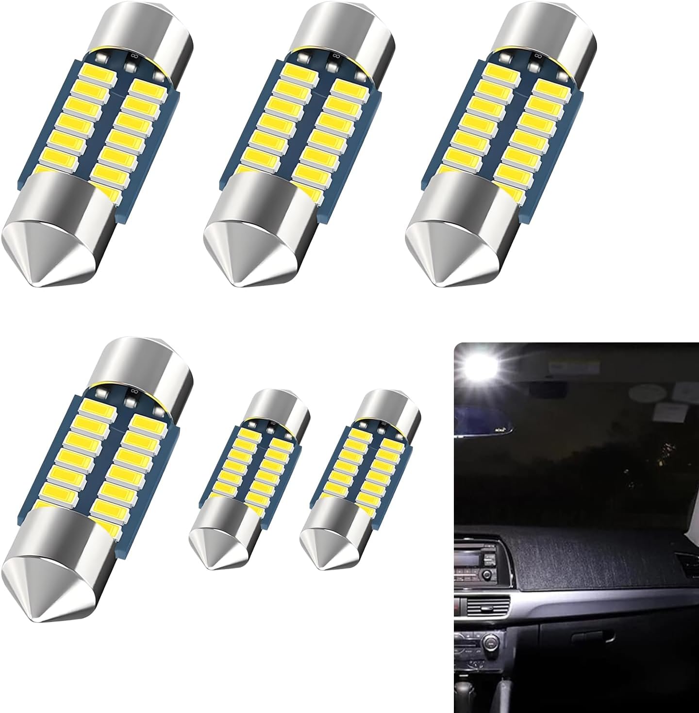 6 PCS Automobile LED Double-tip Studying Mild, 31mm 12V 400LM IP68 Waterproof Quick Response License Plate Mild, Auto Lighting Substitute Equipment, Suitable with Most Automobile Fashions (White)