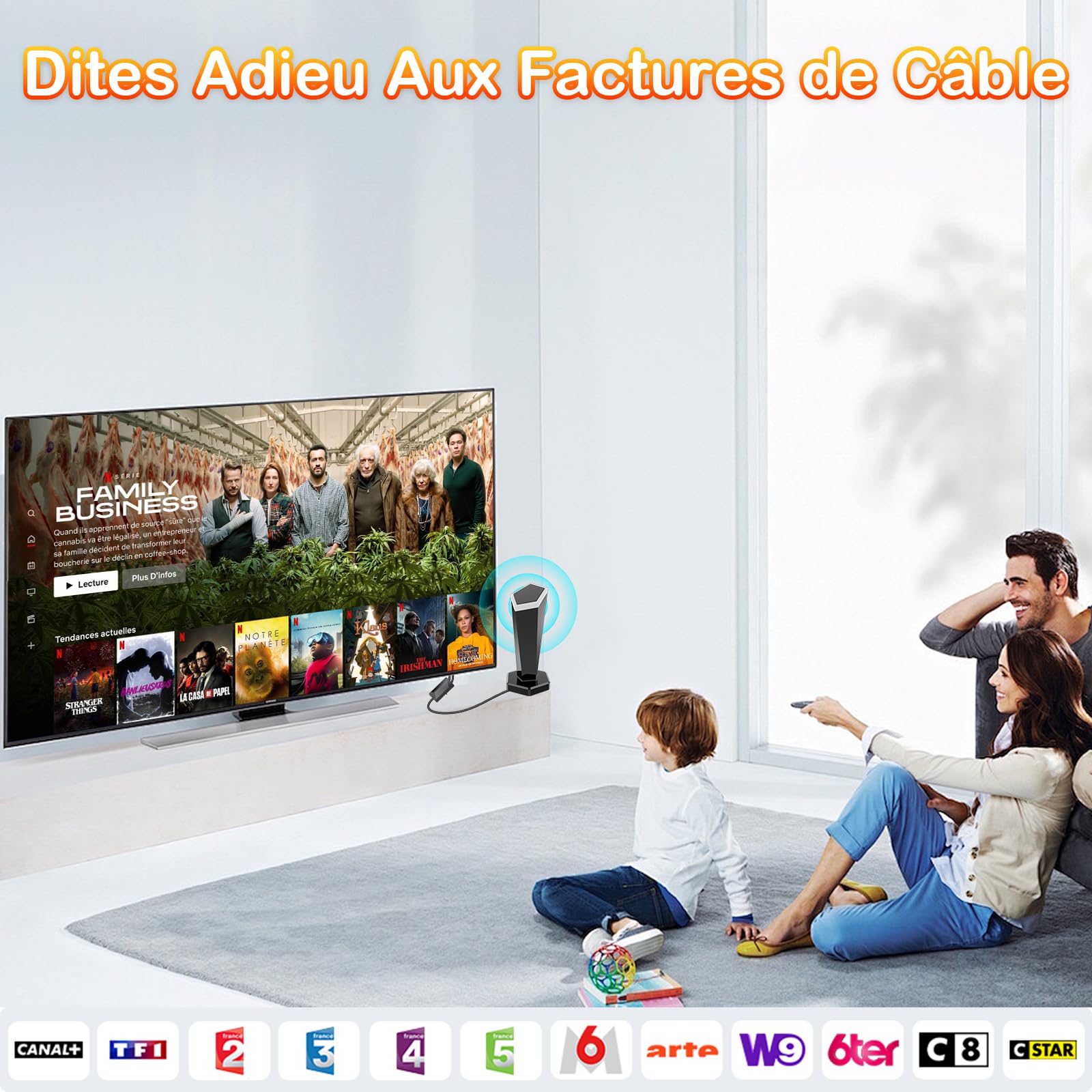 Antenne TV Intérieure Puissante TNT,460+KM Antenne TNT IntéRieur avec Amplificateur de Signal à Gain Élevé,Réception Longue Portée à 360°,Compatible avec Smart TV 4K/1080P/Tous Les TVs