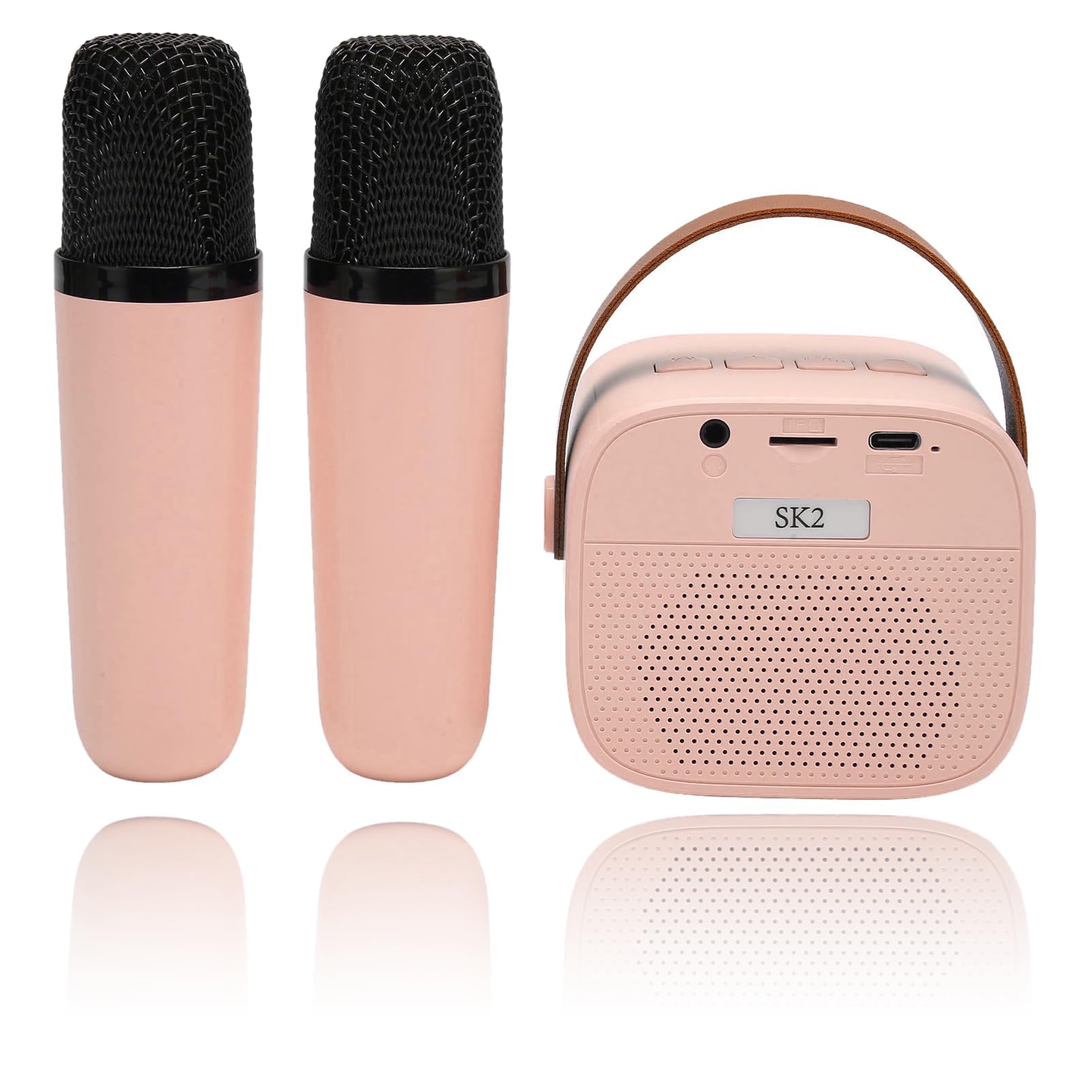 Juego de Mini Máquina de Karaoke, Altavoz Bluetooth Estéreo Portátil con 2 Micrófonos Inalámbricos para Niños Adultos, Almacenamiento de hasta 512 G, Micrófono de Mano para (Rosa)