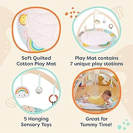 B. Toys - Wooden Baby Gym & Soft Play Mat with 5 Hanging Sensory Toys for Newborns - Sunrise to Sunset Design - Tummy Time & Motor Skills - for Babies 0+ Months