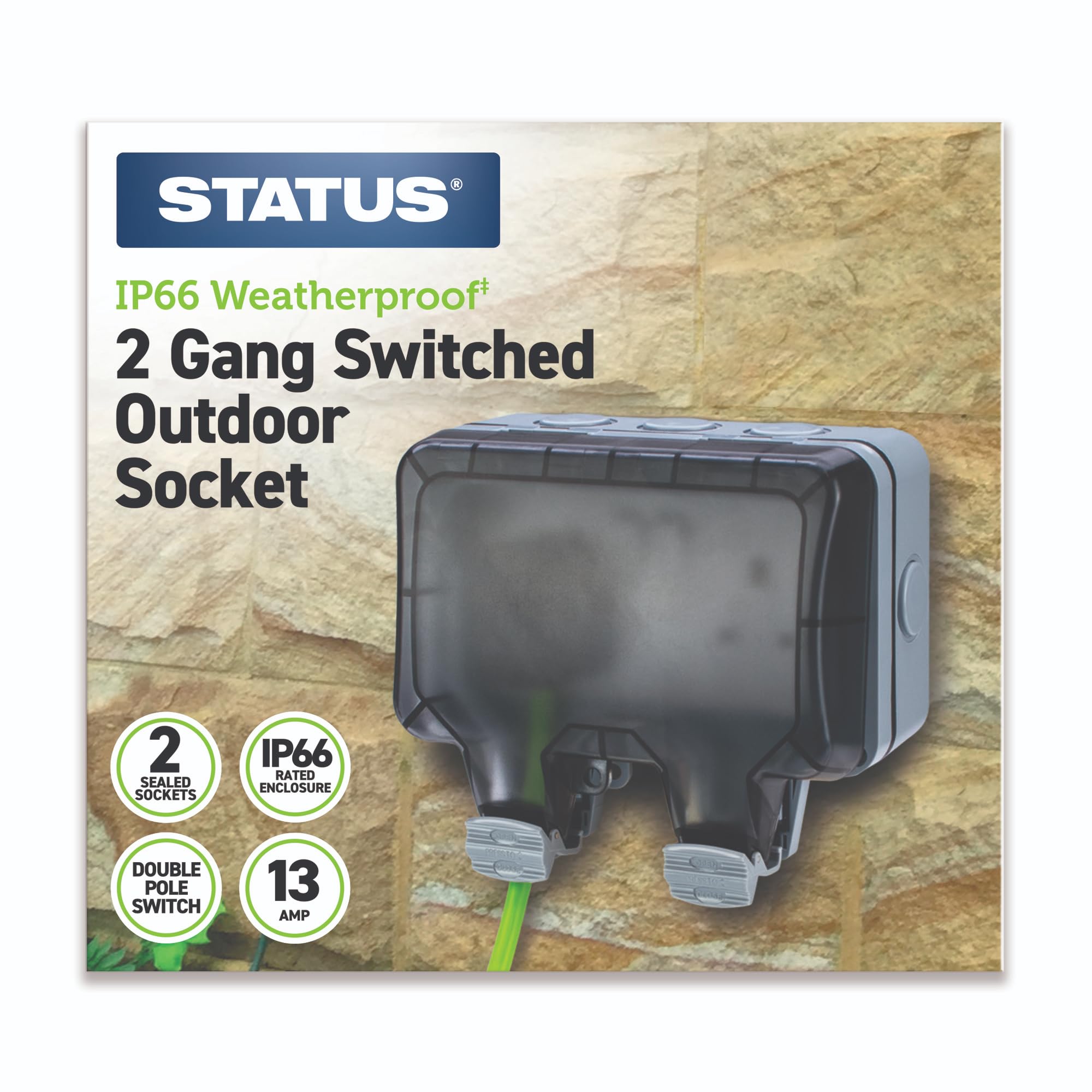 STATUS 2 Gang 13A Switched Outdoor Socket, IP66 Weatherproof Wall-Mount Unit, White Body with Grey Cover for Garden Workshop - Image 2