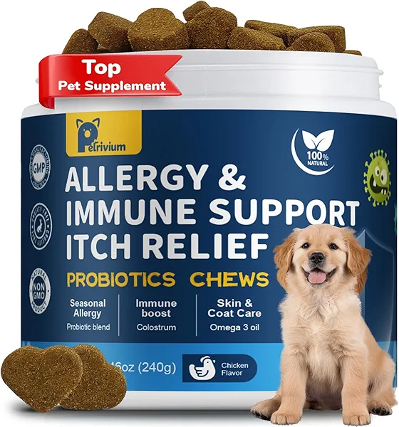 Dogs Allergy Itchy Relief Chews - Dog Probiotics for Itchy Skin and Itch Ears, Dog Allergy Supplement for Paw Licking, Pet Itching Skin Relief- with Colostrum-Fish Oil-Probiotic to Boost Immune 120ct