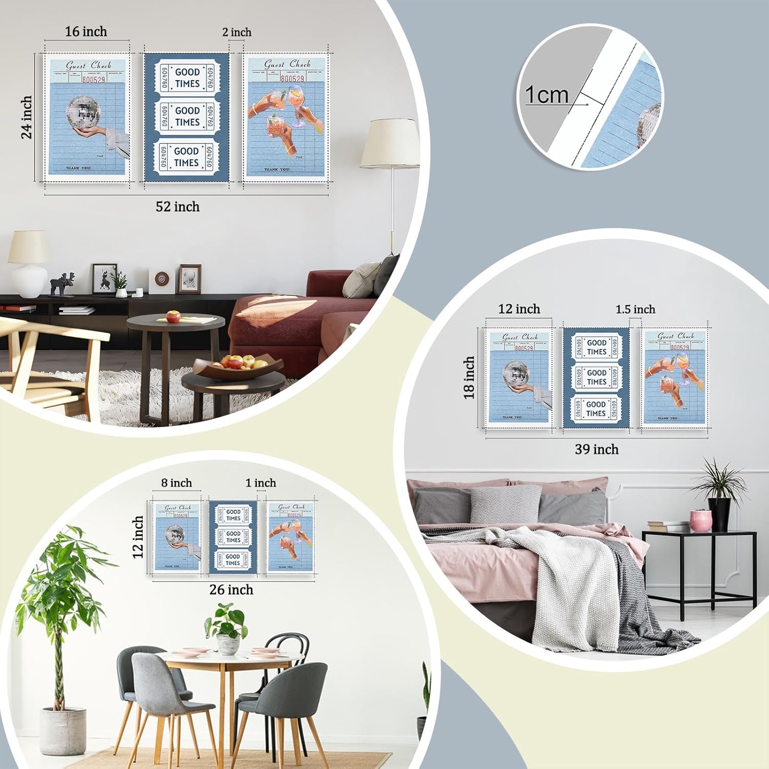 Set Of 3 Light Blue Guest Check Poster Canvas, Vintage Guest Check Cocktail Canvas Wall Art Print,Good Times Blue Wall Decor For Home Bedroom Dorm 16X24 in Unframed-Canvas Rolled Up