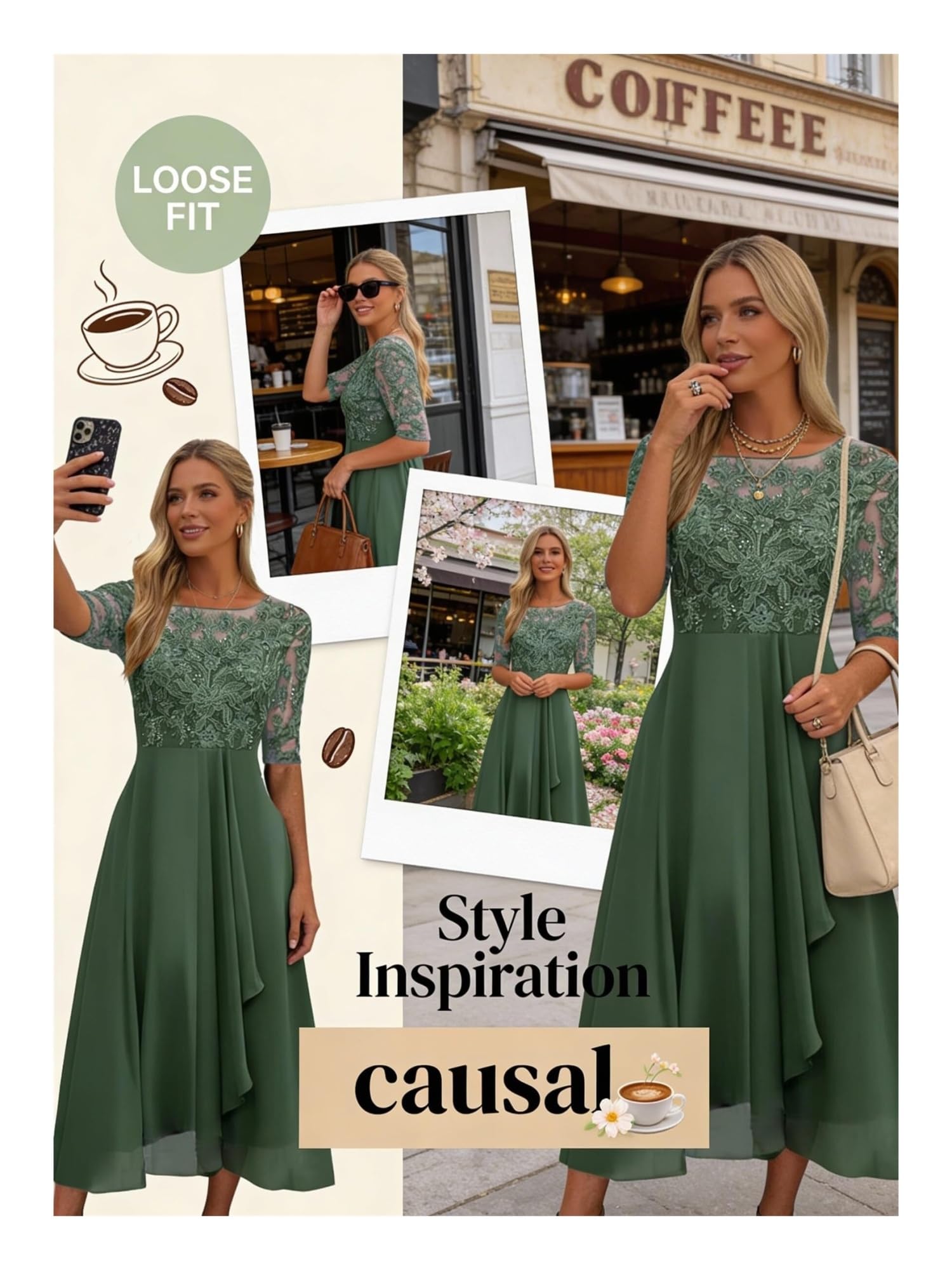 Générique Robe d’invitée de Mariage · Robes de Cocktail Femmes Bourgogne Dentelle Mousseline Mi-Longue Manches 1/2 Coupe A