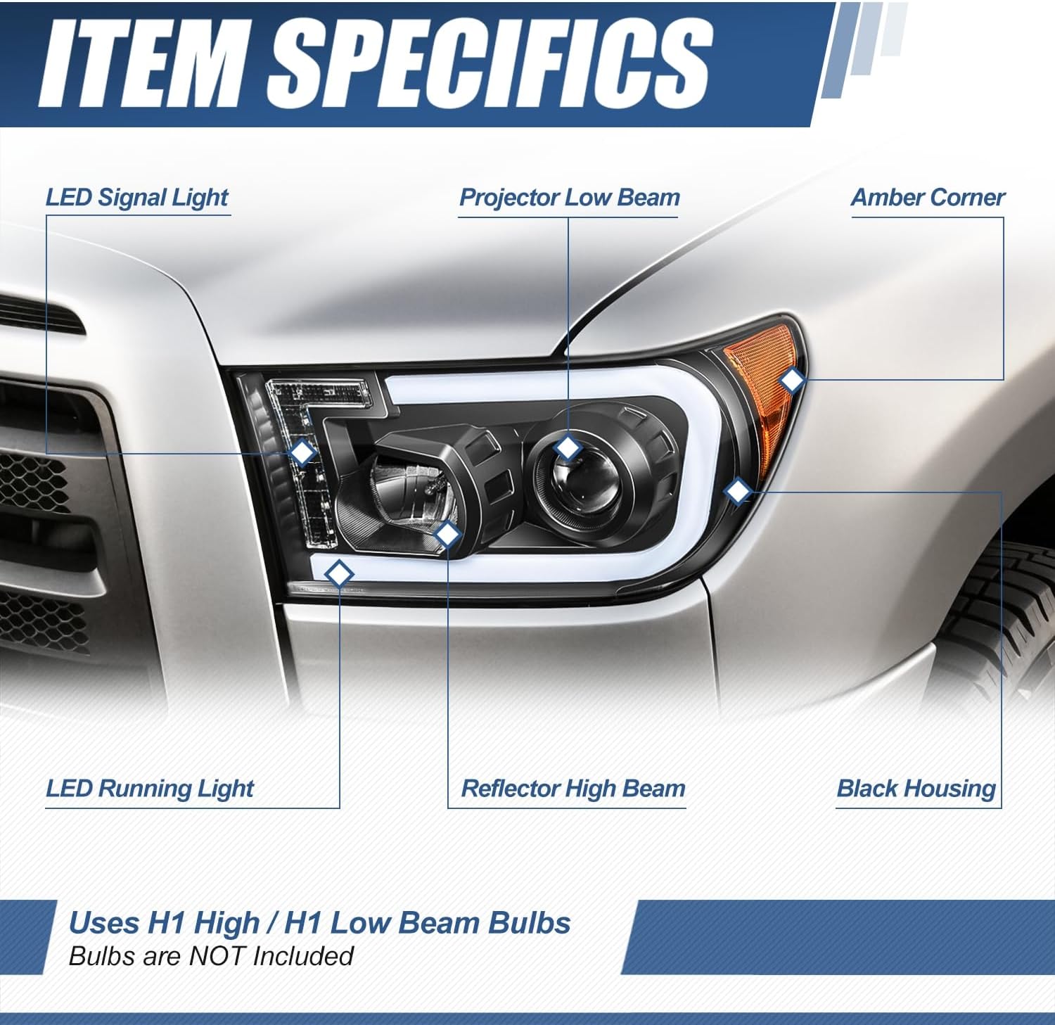 Auto Dynasty LED DRL Projector Headlights Assembly Compatible with 2007-2013 Toyota Tundra 2008-2017 Sequoia, Driver and Passenger Side, Black Housing Amber Reflector