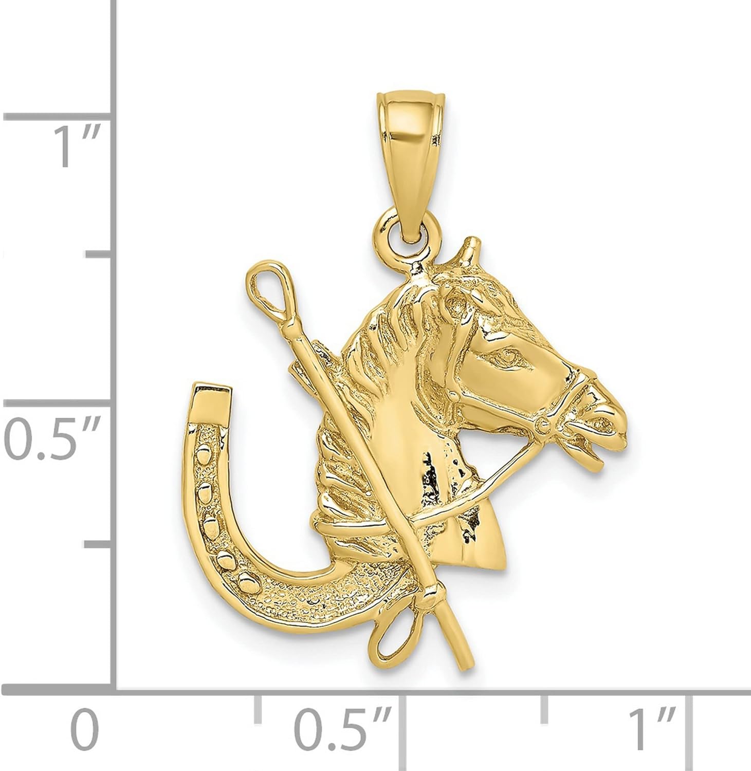 10k Yellow Gold Horse Head Pendant with Riding Crop and Horseshoe Design, Real Gold Animal Charm for Women, Western Equestrian Jewelry Necklace, Symbolic Horse Motif for Country Style 20 mm x 21 mm - Image 3
