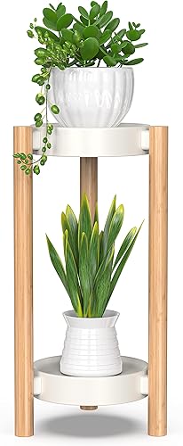 Soporte de bambú para plantas de interior, bandeja de acero de 2 niveles, soporte alto para plantas y estante de exhibición de plantas para jardín