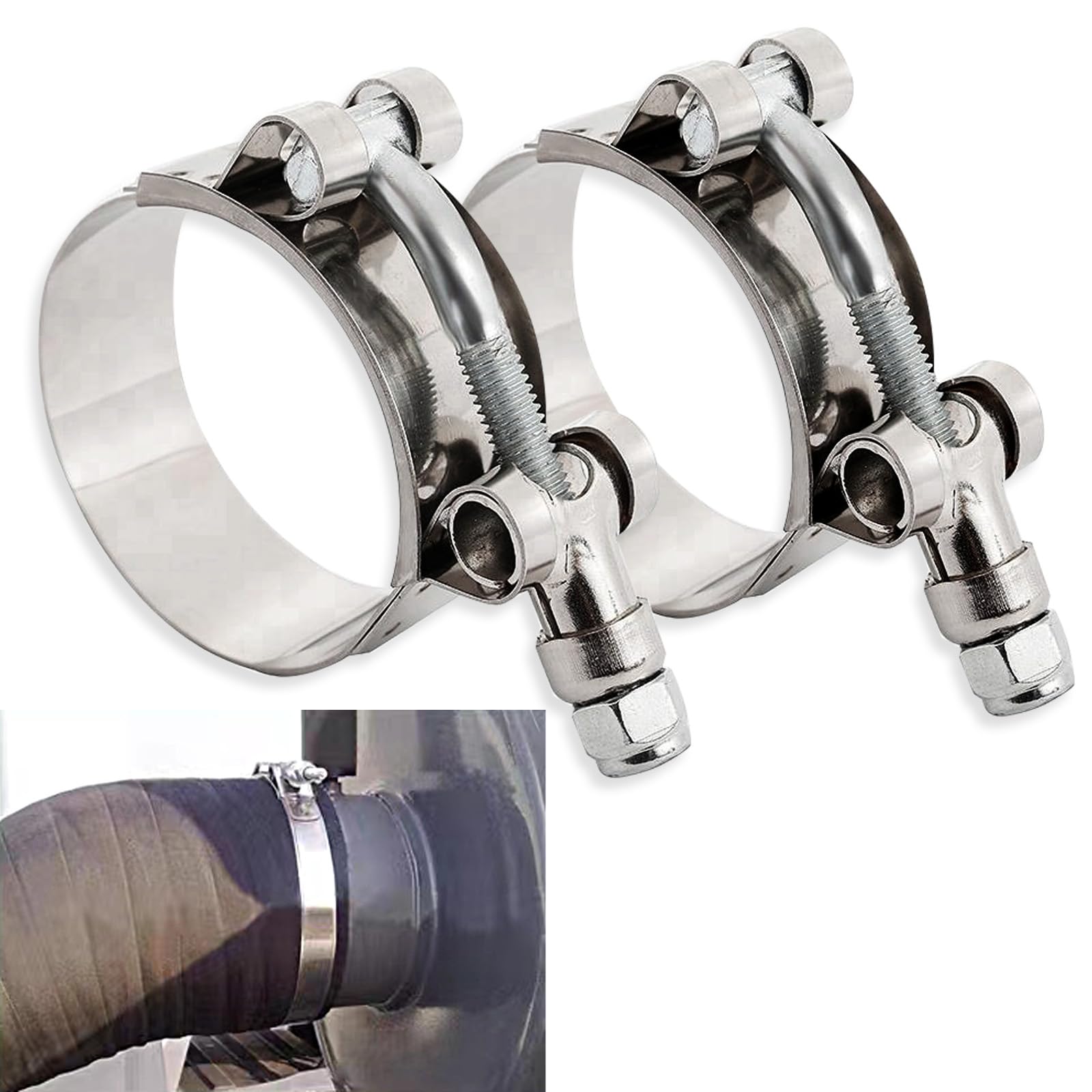 2 Pieces 2" T-Bolt Hose Clamp, Clamp Range 51-57mm, 201 304 Stainless Steel Heavy Duty Adjustable Tube Clamps, Radiator Hose Clamps for 2" Hose ID, Hose Inlet and Outlet Clamp (Silver)