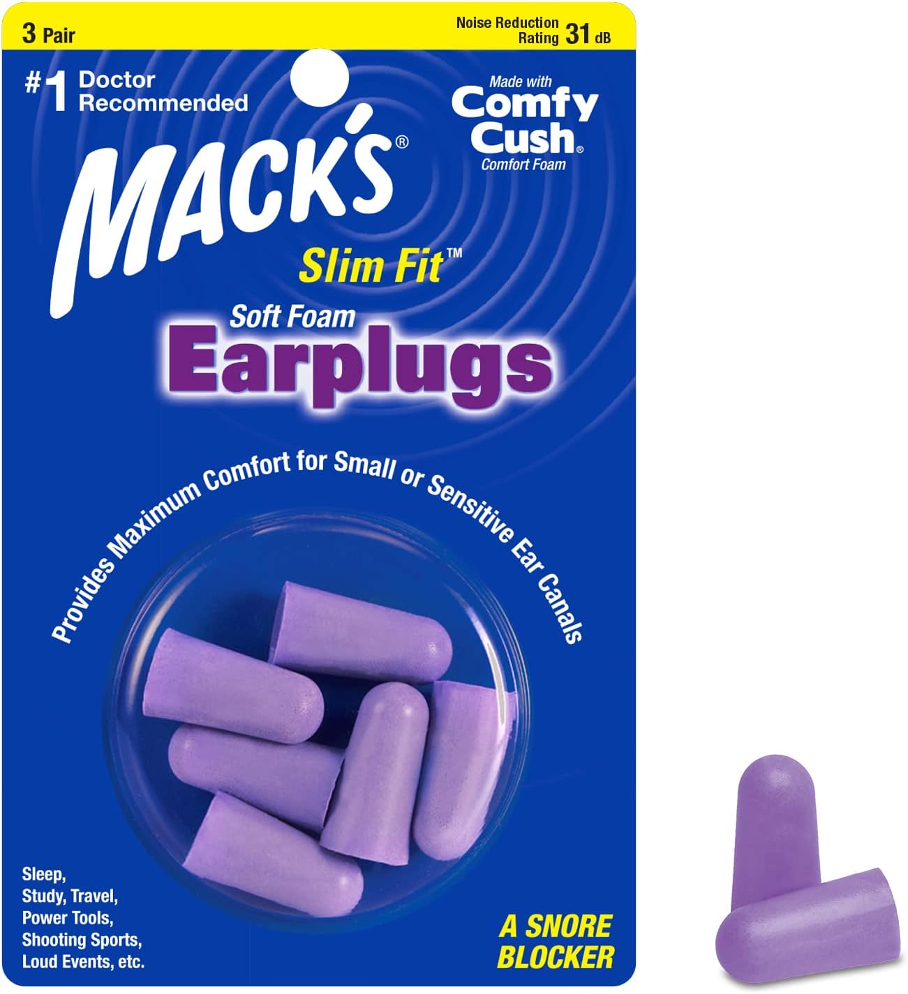 Mack's Slim Fit Ear Plugs (3 Pair) - Purple
