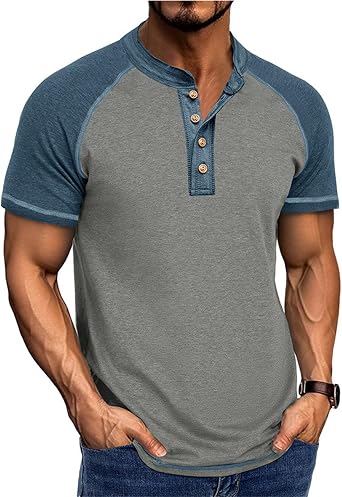Mens Contrast Color Short Sleeve Henley Shirts Casual T-Shirts Pullover Summer Tee Shirts with Button