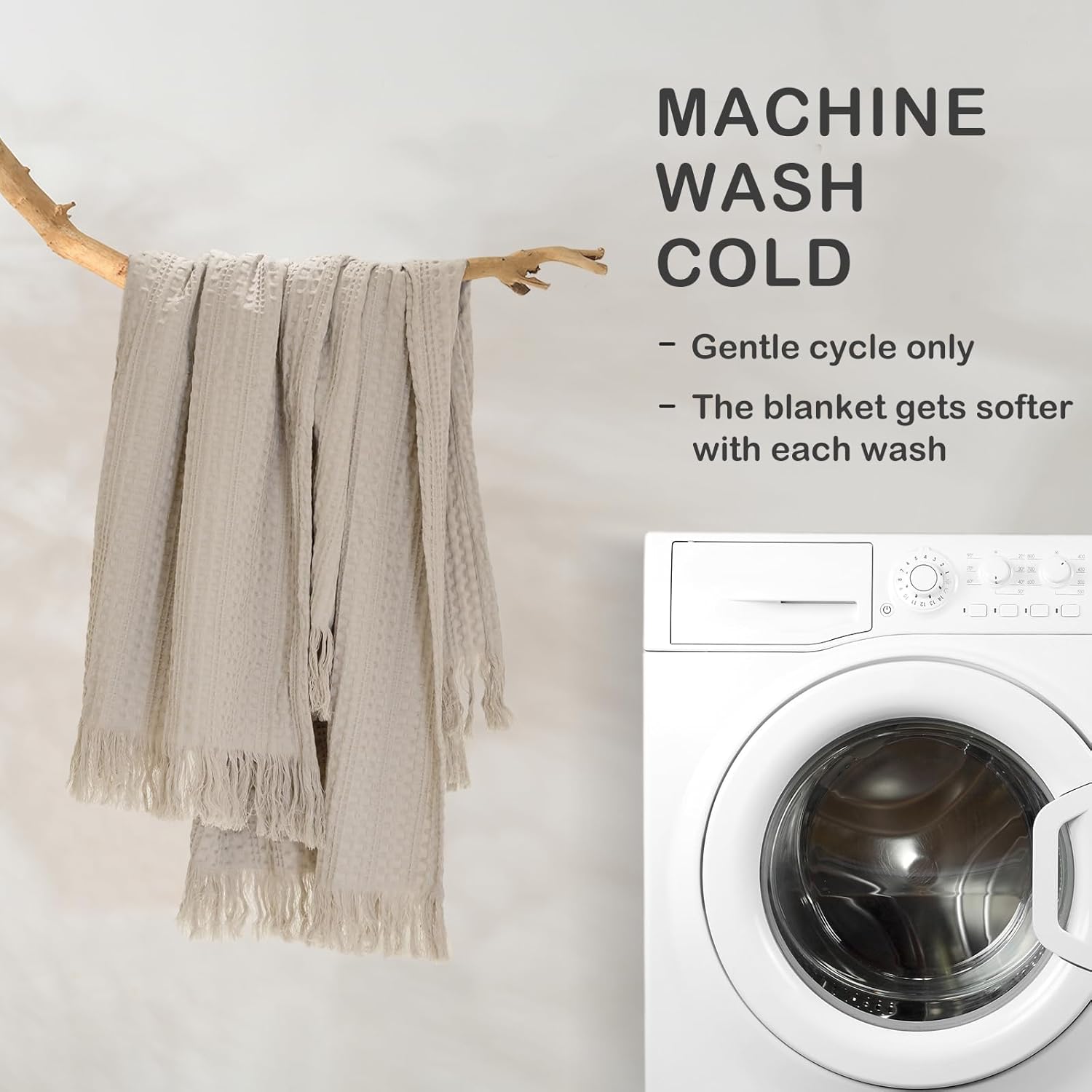 100% Cotton Waffle King Blanket with Fringe 104"x90", Pre-Washed Waffle Weave Blanket for All Season, Lightweight Breathable Soft Cozy Throw Blanket for Couch, Bed, Travel (Beige) - Image 5