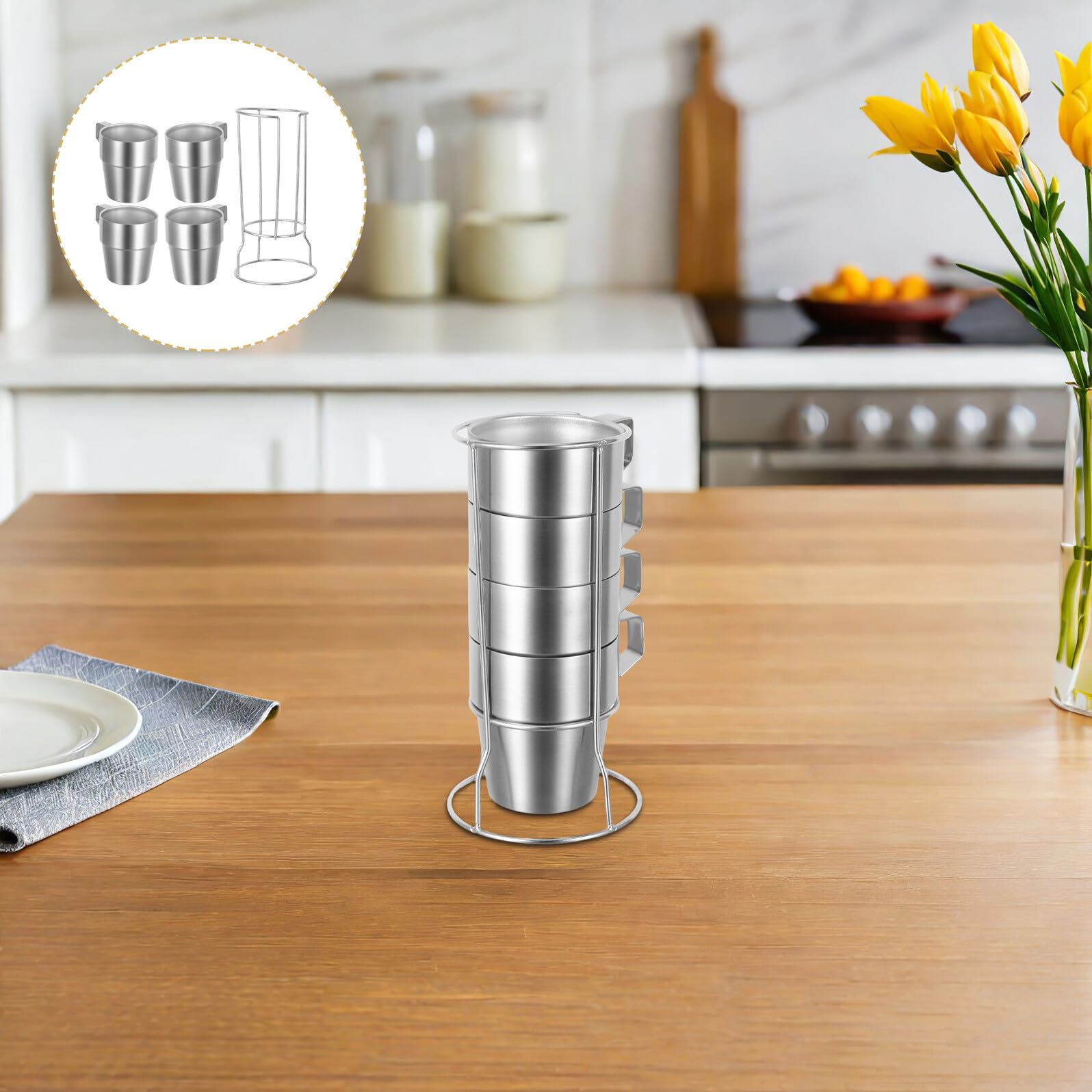 Gatuida Tazas de Café Apilables de Acero Inoxidable con Doble Pared Aislante y Soporte de Unidades con Asas Resistentes y Seguras para Bebidas Calientes y Frías para Camping y Uso