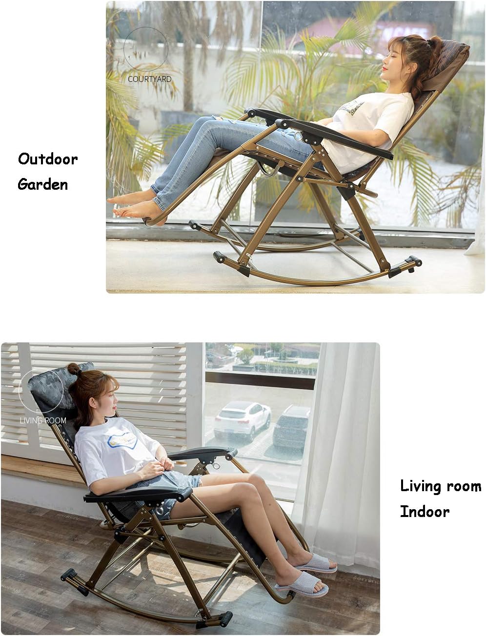 Rocking Chair Zero Gravity Chair Reclining Sun Lounger Chair, Folding Deck Chairs for Beach, Patio, Garden Relaxer Steel Frame & Textoline Fabric Loading up to 180kg