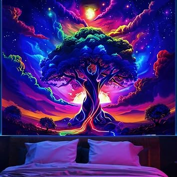 Apdidl Blacklight Tree of Life Tapestry Bedroom, Black Light Space Posters | Blue Purple Starry Sky UV Tapestries Aesthetic, Nature Colorful Tree Landscape Wall Hanging for Living Room Decor 51"X60"