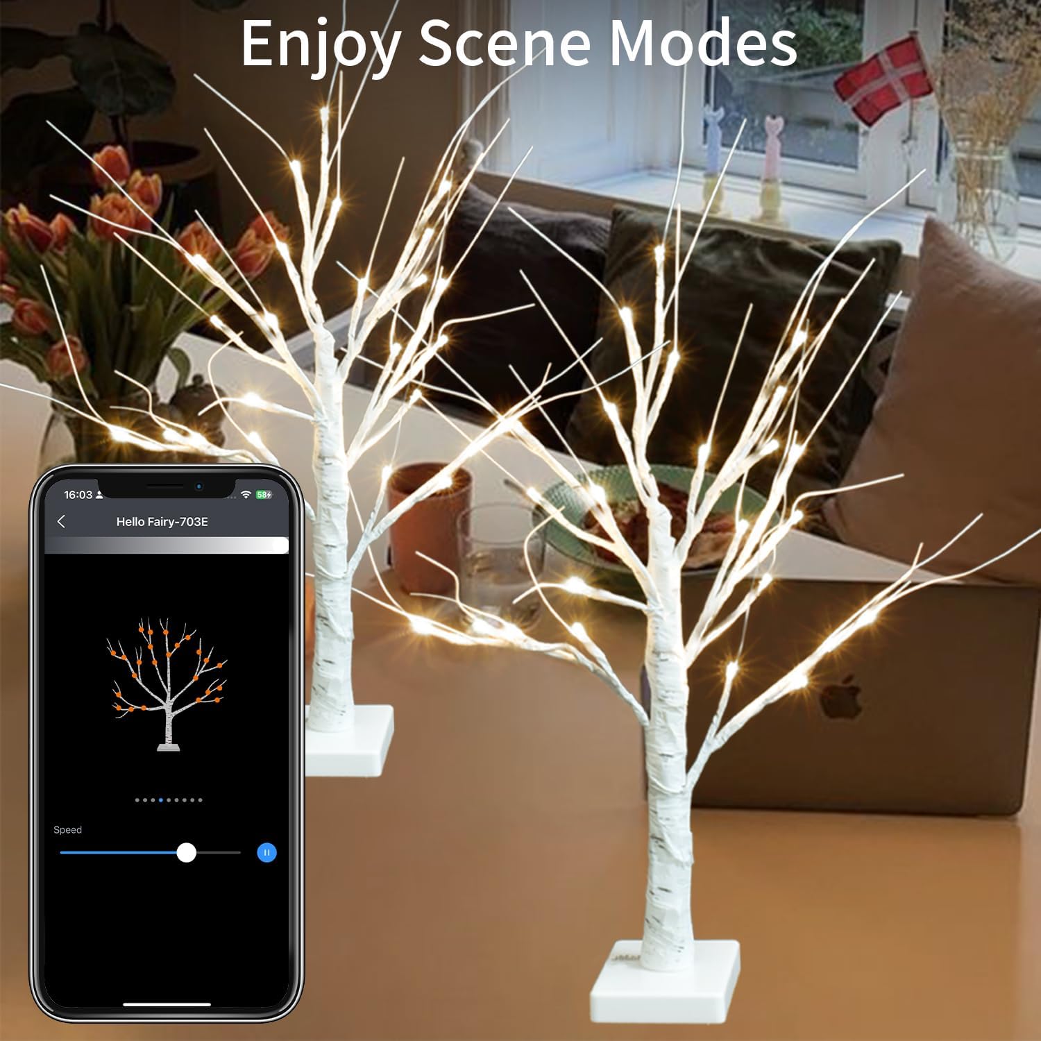 2FT Smart Birch Tree with LED Lights, Bluetooth App Controlled, 18 Modes, Dimmable, Timer, Music Sync, Warm White LED for Indoor Christmas Tabletop Centerpiece, Wedding & Valentine’s Day Decor, 2 Pack