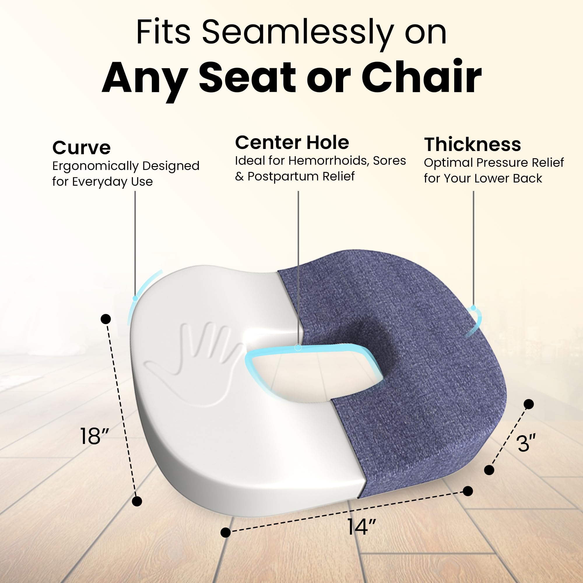 CareFoam Memory Foam Donut Pillow for Tailbone Pain-Coccyx Seat Cushion for Chair-Hemorrhoid & Piles Pillow | Orthopedic Coccyx Ring Pillow | 18 x 14 x 3 Inch | Premium Blue Washable Outer Cover - Image 2 thumbnail