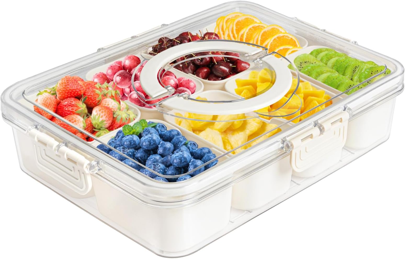 Divided Serving Tray with Lids Removable: Snack Box Container Handle Fruit Tray - 8 Compartment Square Food Storage Lunch Organizer for Vegetarian Candy Snack Party Picnic Appetizer Tray (White)