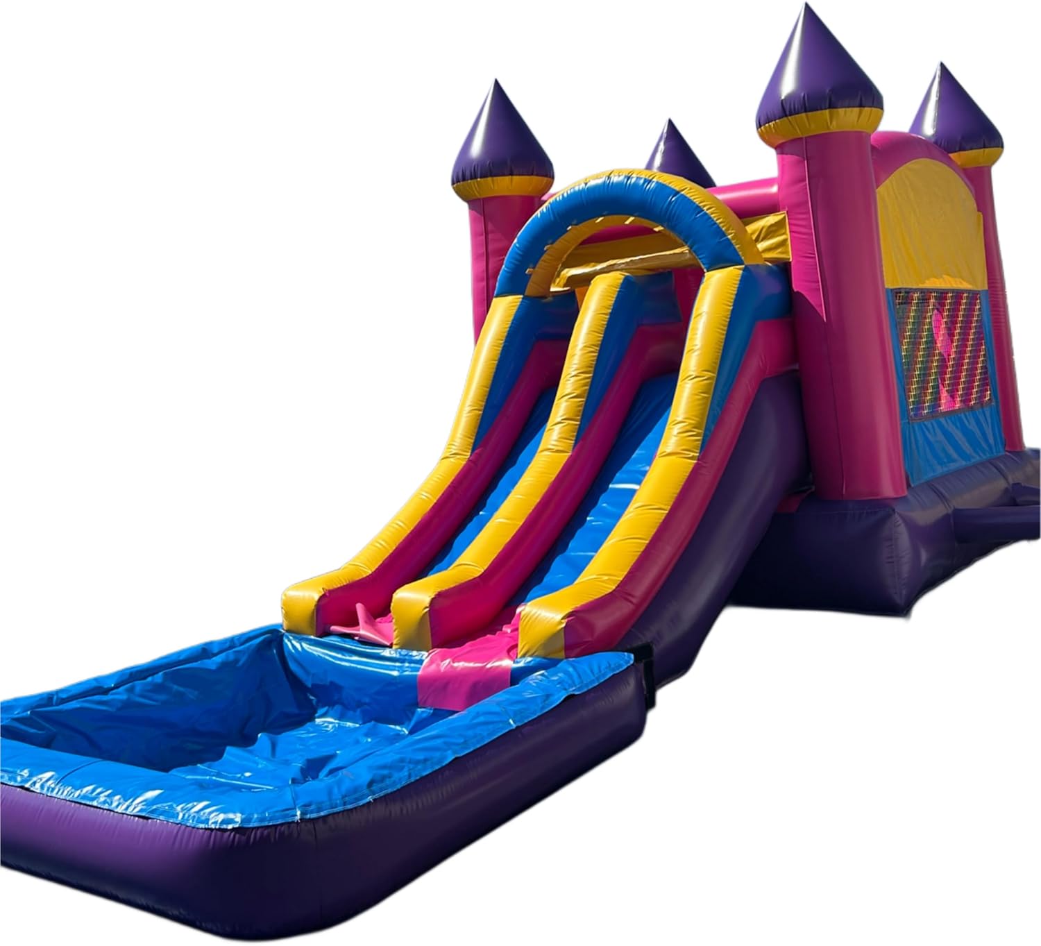 Pink & Purple Castle Combo Bounce House with Dual-Lane Slide – Includes Blower & Stakes – Inflatable Jumper for Kids’ Parties and Events (Large)