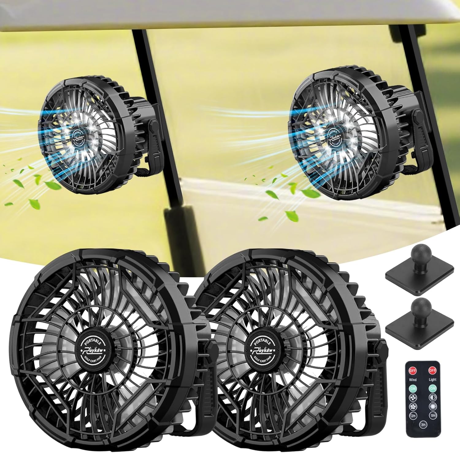 Roykaw 10400 mAh Magnetic Golf Cart Fan Portable Rechargeable Battery Powered, 24+ Hrs, w/LED Lights, Compatible with EZGO/Club Car/Yamaha & All Ironic-Body, Cordless & Remote Control, 2 PCS