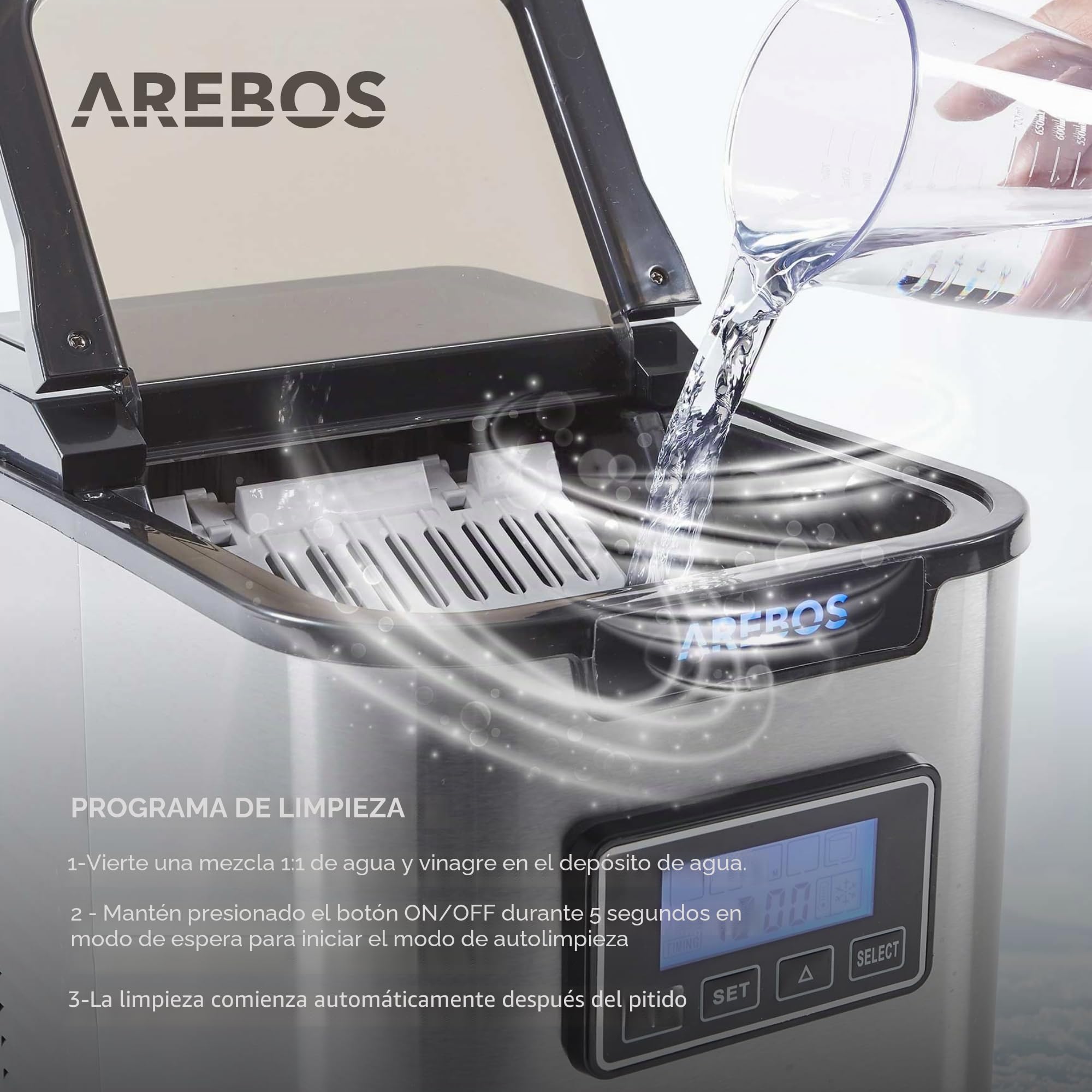 Arebos Máquina de cubitos de hielo acero inoxidable | 8-13 minutos de tiempo de producción | 3 tamaños de cubitos de hielo | LCD | Función de autolimpieza | sin conexión de agua
