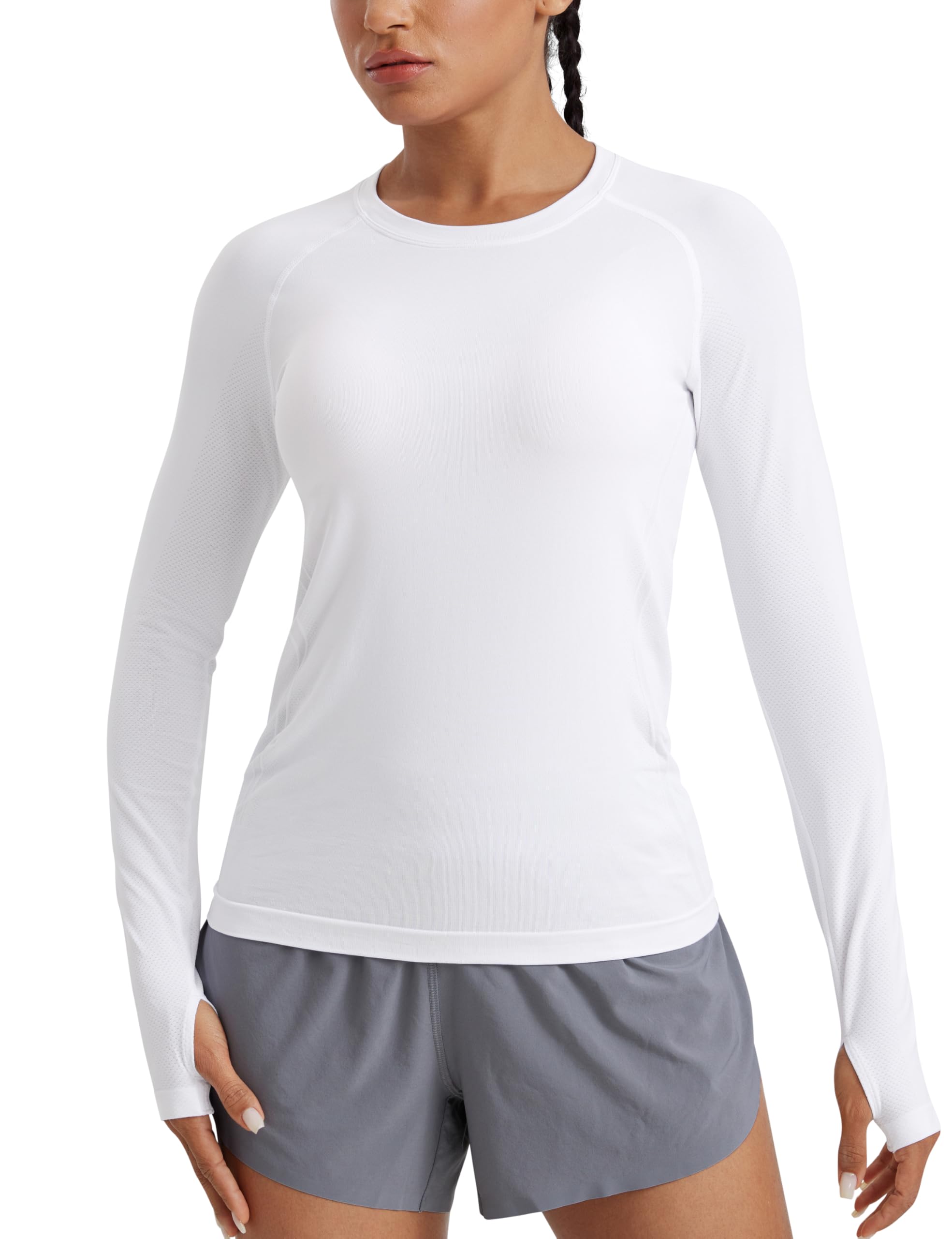 CRZ YOGA Seamless Long Sleeve Shirts for Women Hip Length - Workout Athletic Running Gym Yoga Tops Breathable Crewneck Tshirt