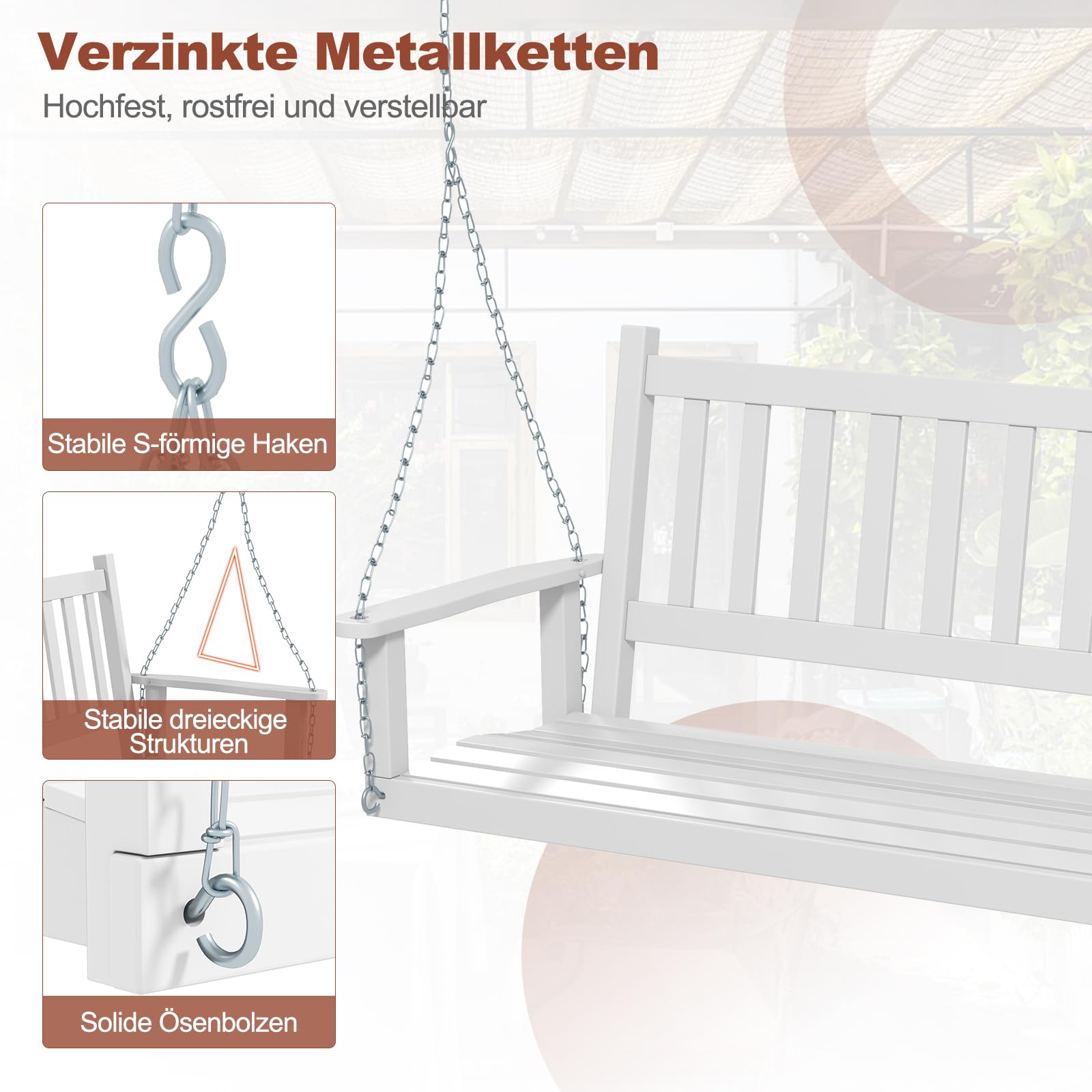 GOPLUS Hängebank, Gartenschaukel aus Pappelholz bis 227kg/360kg belastbar, Hängeschaukel mit Verstellbarer Kette, Hollywoodschaukel Schaukelbank Outdoor für Terrasse Garten Hof (3-Sitzer,Weiß)