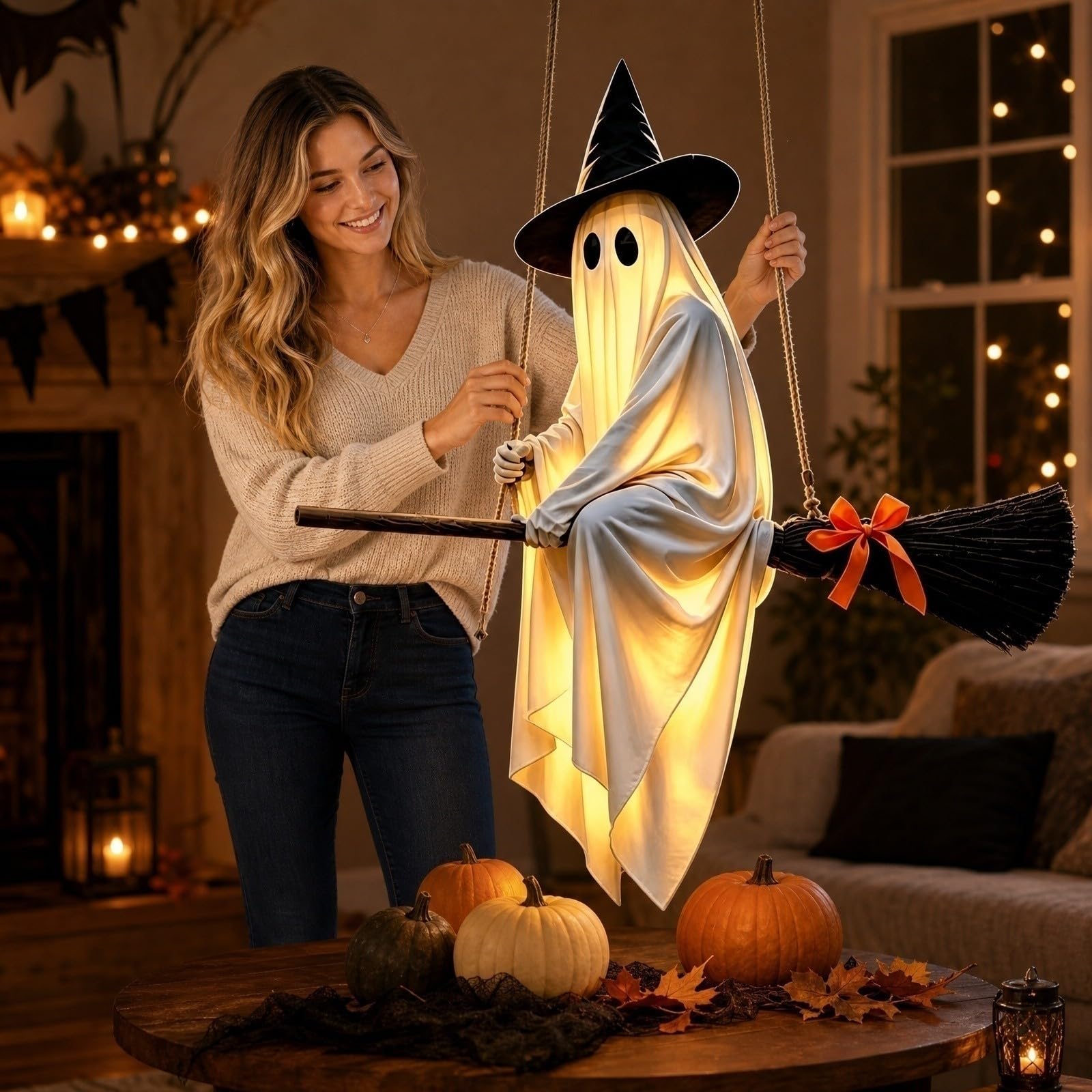Décorations d'Halloween extérieures, fantôme lumineux suspendu à une balan