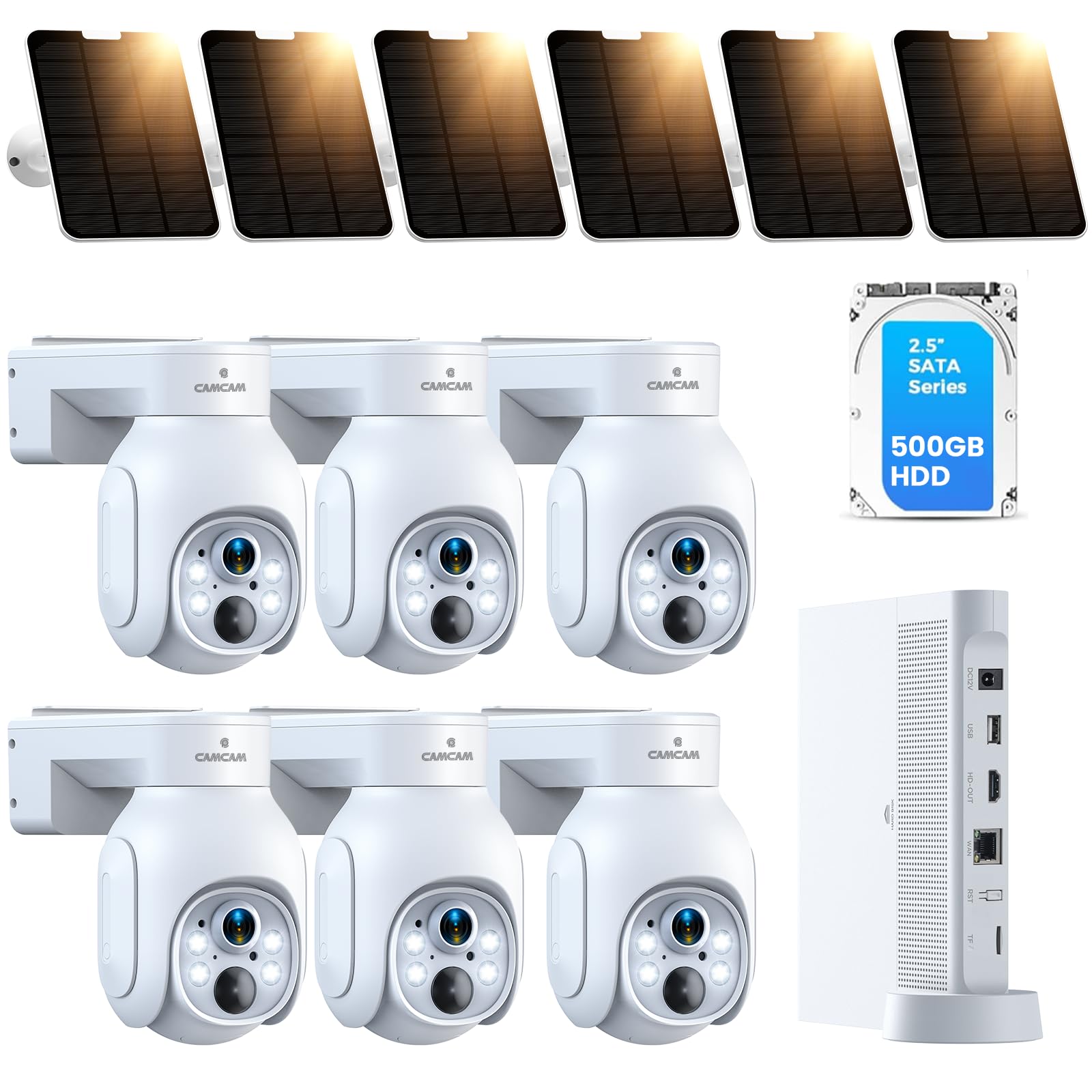 Camcamp Wireless Security Camera System, Solar Powered PTZ 4MP 6 Cam-kit Camera Security System, 500GB HDD NVR,Easy Installation, Color Night Vision, 2 Way Audio, 2.4G & 5G WiFi for Home Outdoor