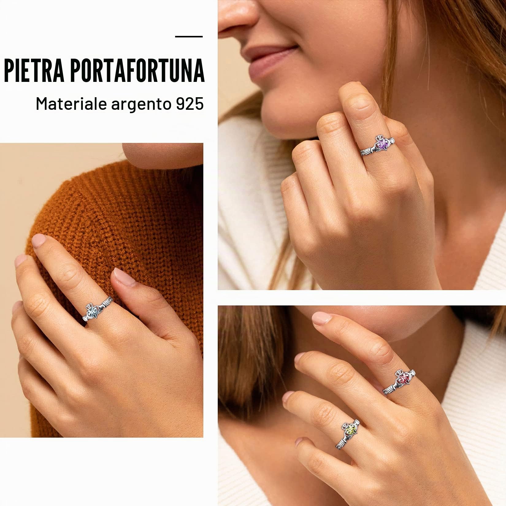 Suplight Anello Donna in Argento Sterling 925 Anello Claddagh Regolabile Anello Argento 925 Donna Anello Solitario con Pietre di Nascita 12 Mesi con Confezione Regalo
