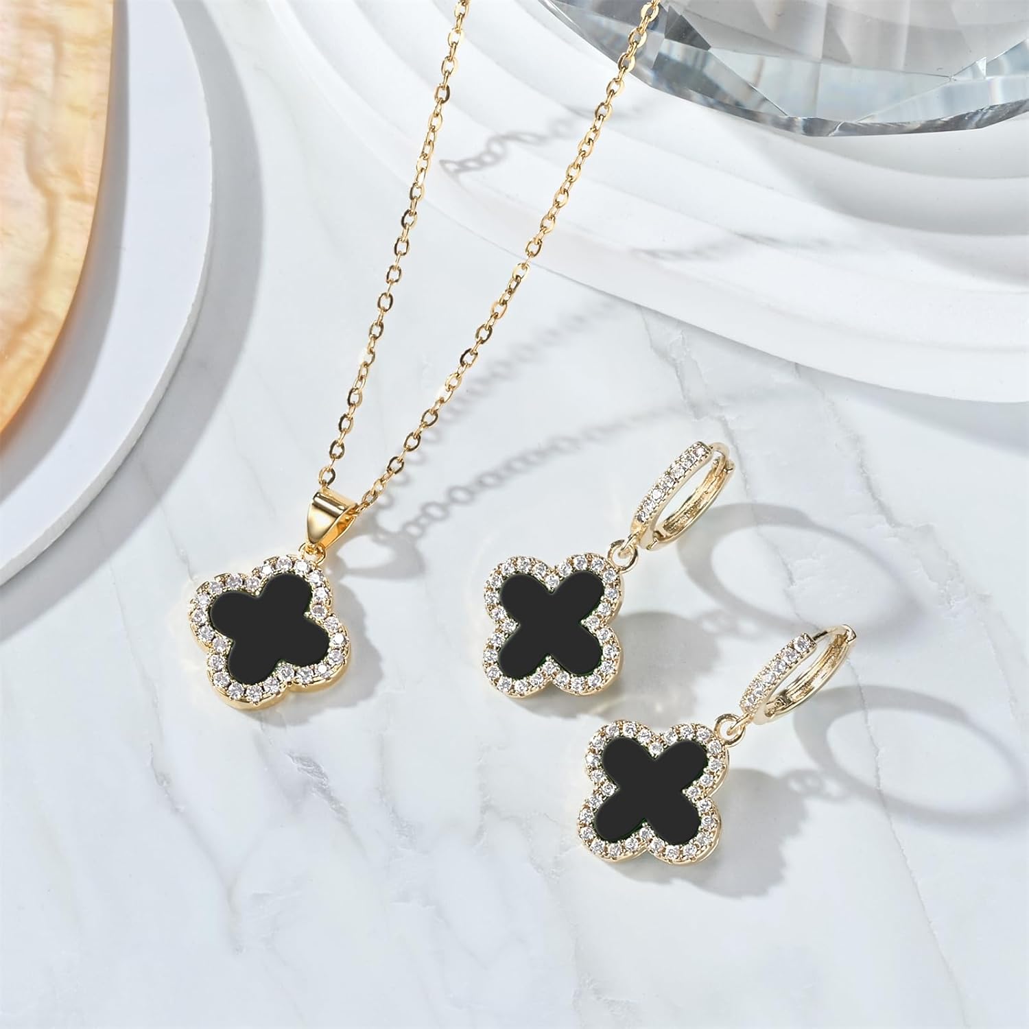 Clover Necklace and Clover Earrings Black White Green Red Pendant 18k Gold Plated Lucky Clover Jewelry Set for Women Trendy - Image 5