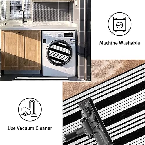 Miniatura 3 de Tapete de 24 x 35 pulgadas, a rayas, color blanco y negro, lavable a máquina, tapete de bienvenida de algodón tejido a mano para porche delantero,