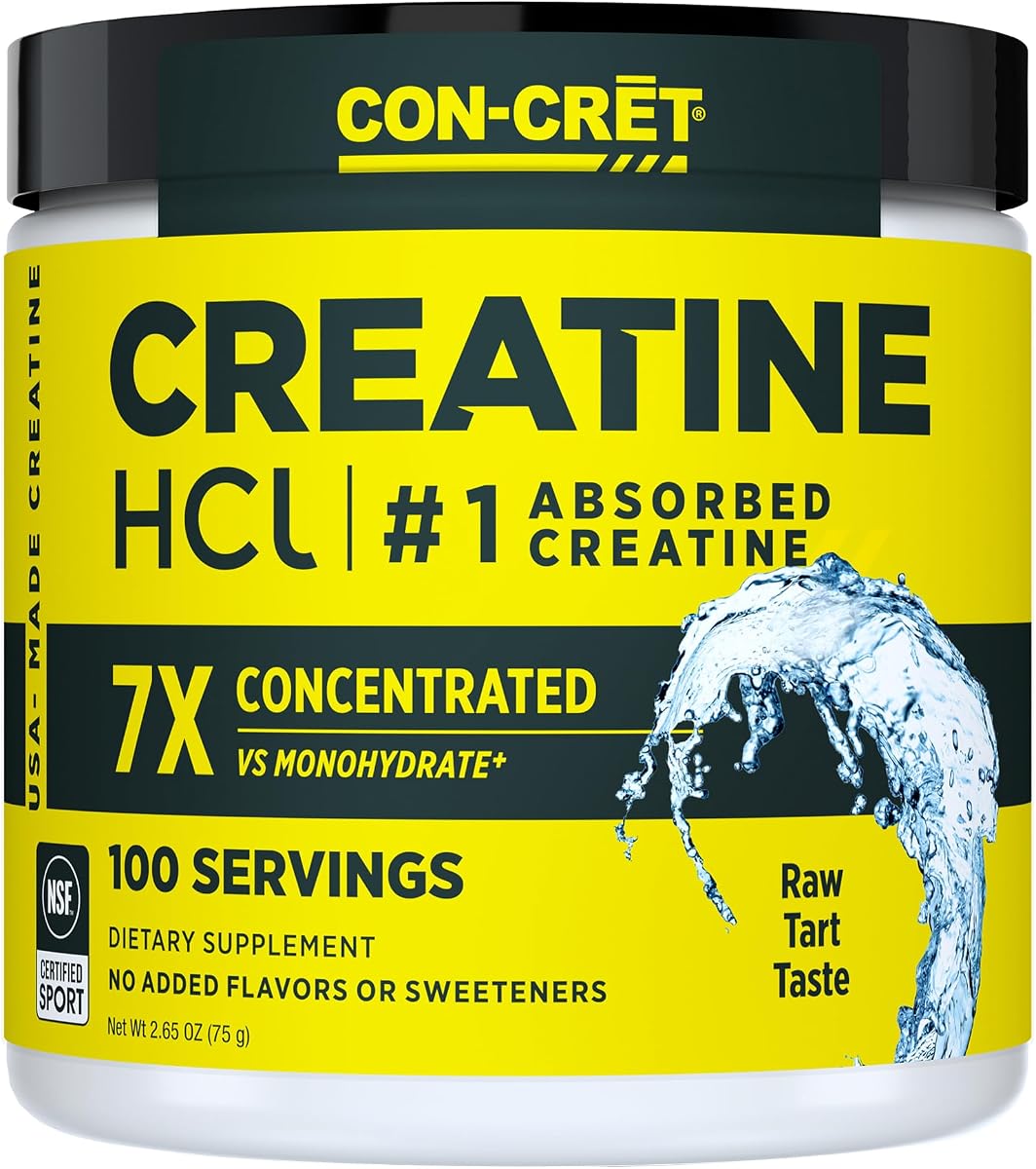 CON-CRET Creatine HCl Powder for Women and Men, Unflavored, 100 Servings | No Bloating or Water Retention, Muscle, Strength & Cognitive Support, USA Made, NSF Certified