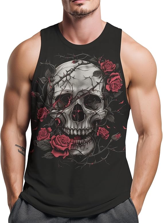 Mens Skull and Rose Tank Tops Gothic Graphic Sleeveless Shirt Muscle Workout Gym Casual Tank Tops
